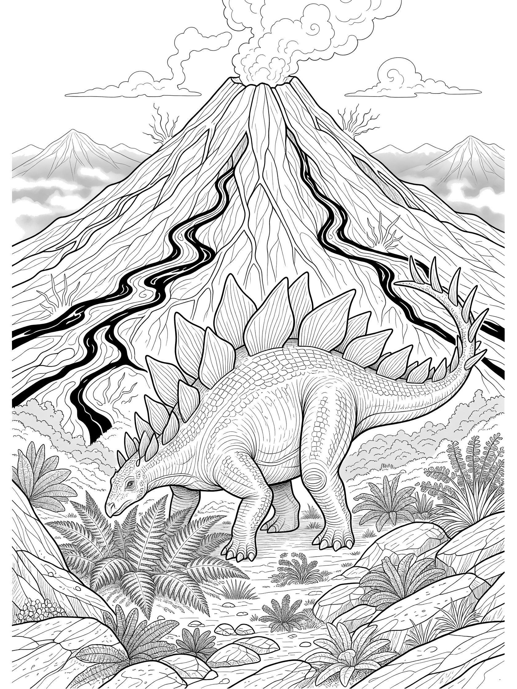 Black and white line art of a Stegosaurus with plates and spikes standing near a volcano, eating ferns, with rocks and mountains in a dinosaur coloring page.