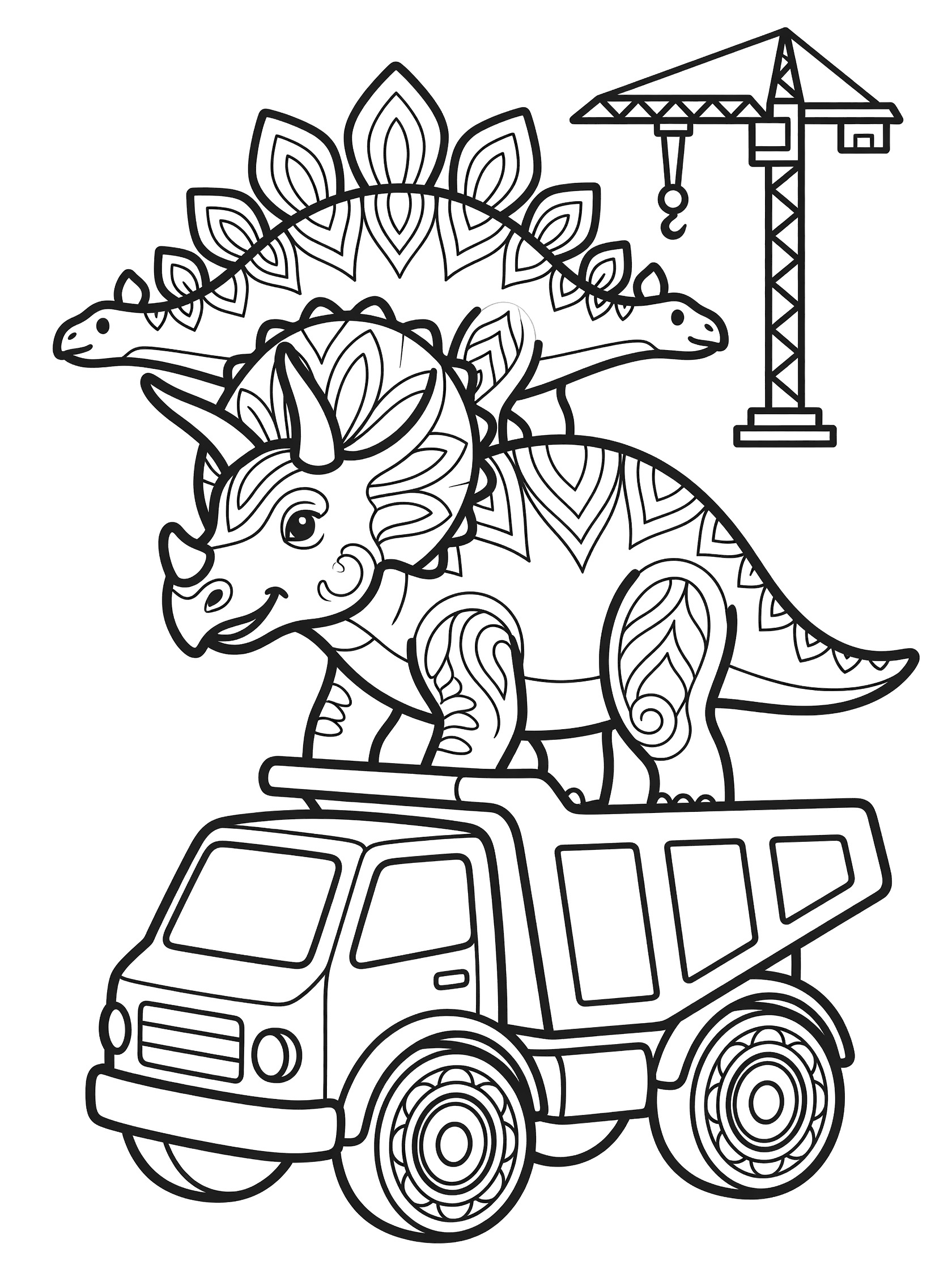 Black and white coloring page showing a friendly Stegosaurus dinosaur standing on top of a dump truck, alphabet animals worksheet for kids.