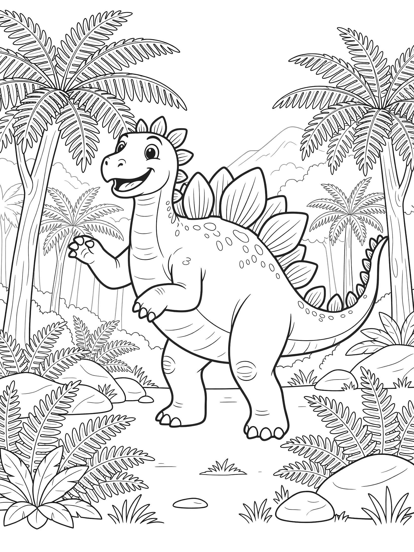 Black and white line art of a cute Stegosaurus rearing up on hind legs to eat ferns surrounded by palm trees, rocks, and misty hills in a forest scene.