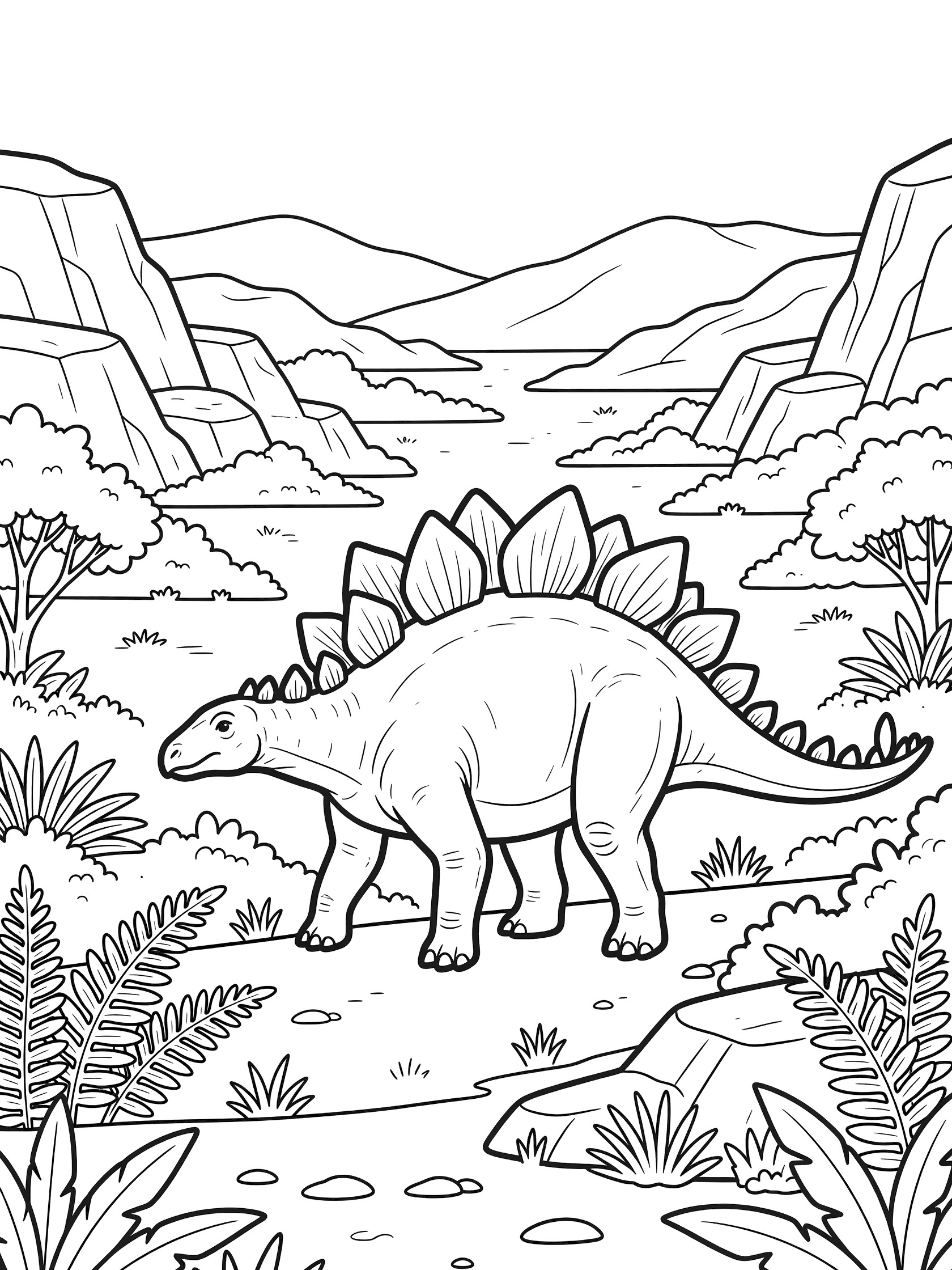 Black and white line art coloring page showing a Stegosaurus dinosaur walking through a prehistoric valley surrounded by ferns and bushes with mountains in the background.