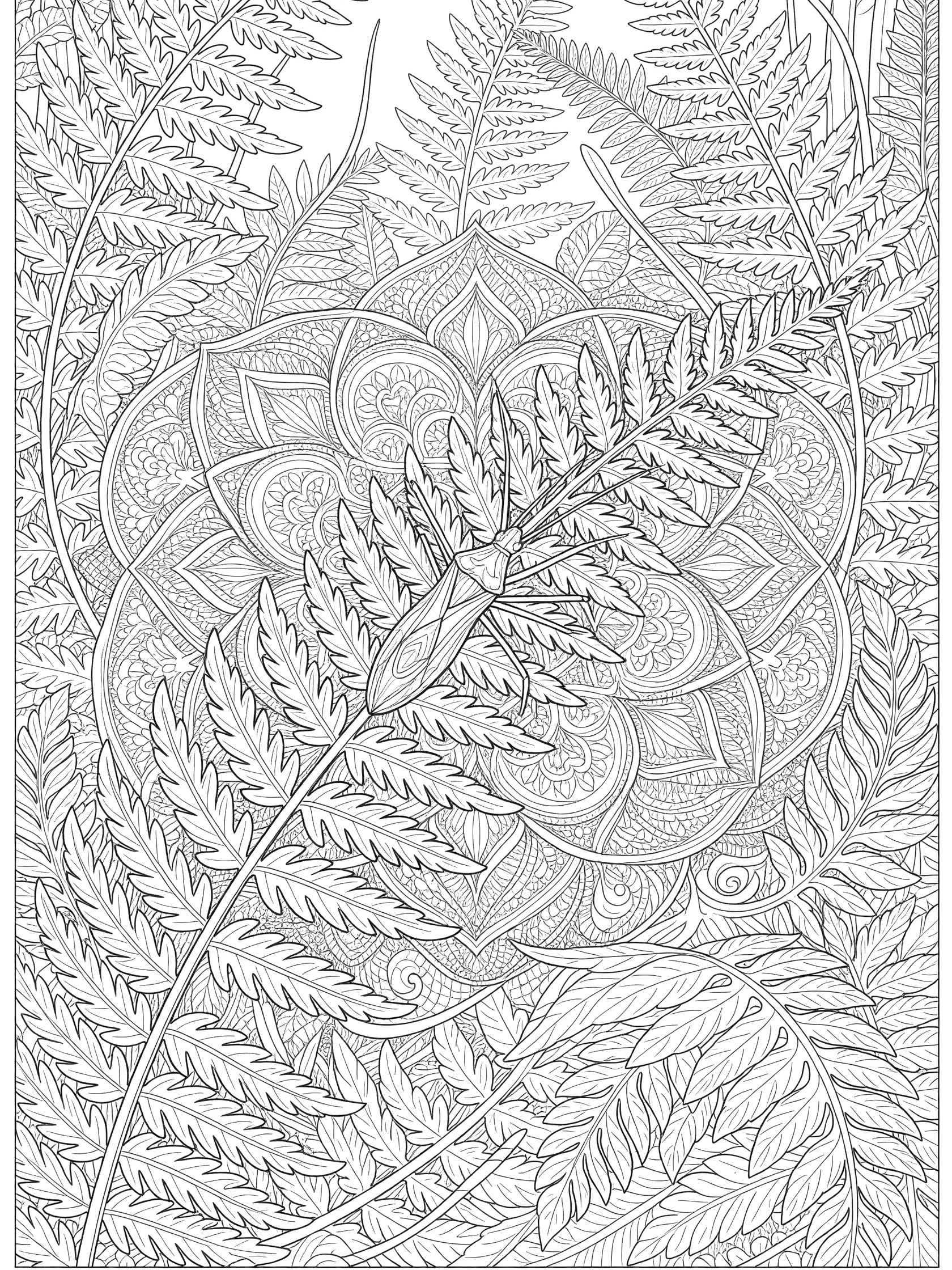 Black and white line art coloring page showing a stick bug camouflaged as a twig on ferns with mandala patterns and layered fronds.