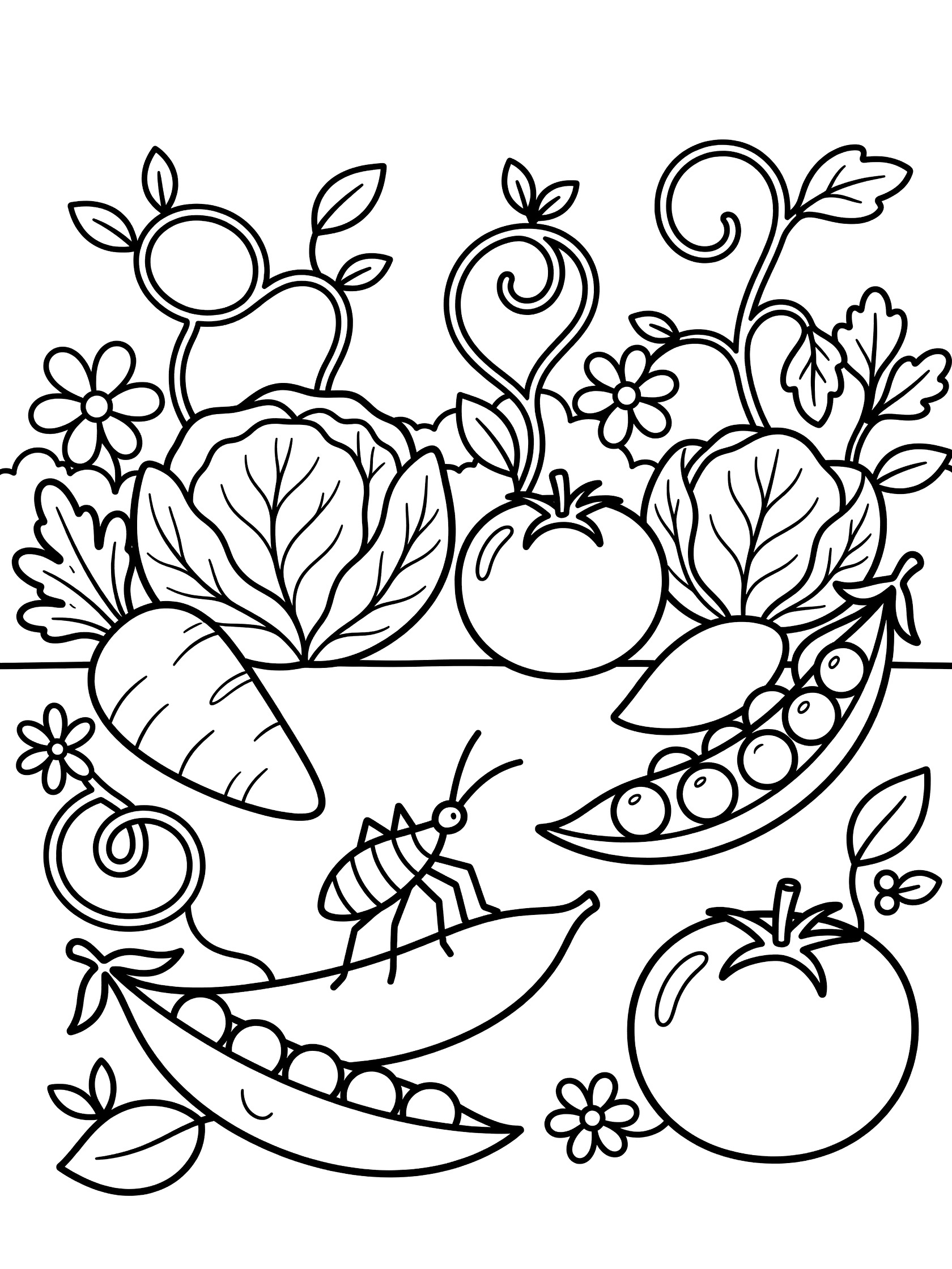Black and white line art coloring page showing a stick bug standing on a pea pod surrounded by garden carrots, tomatoes, cabbage, vines, leaves and flowers.