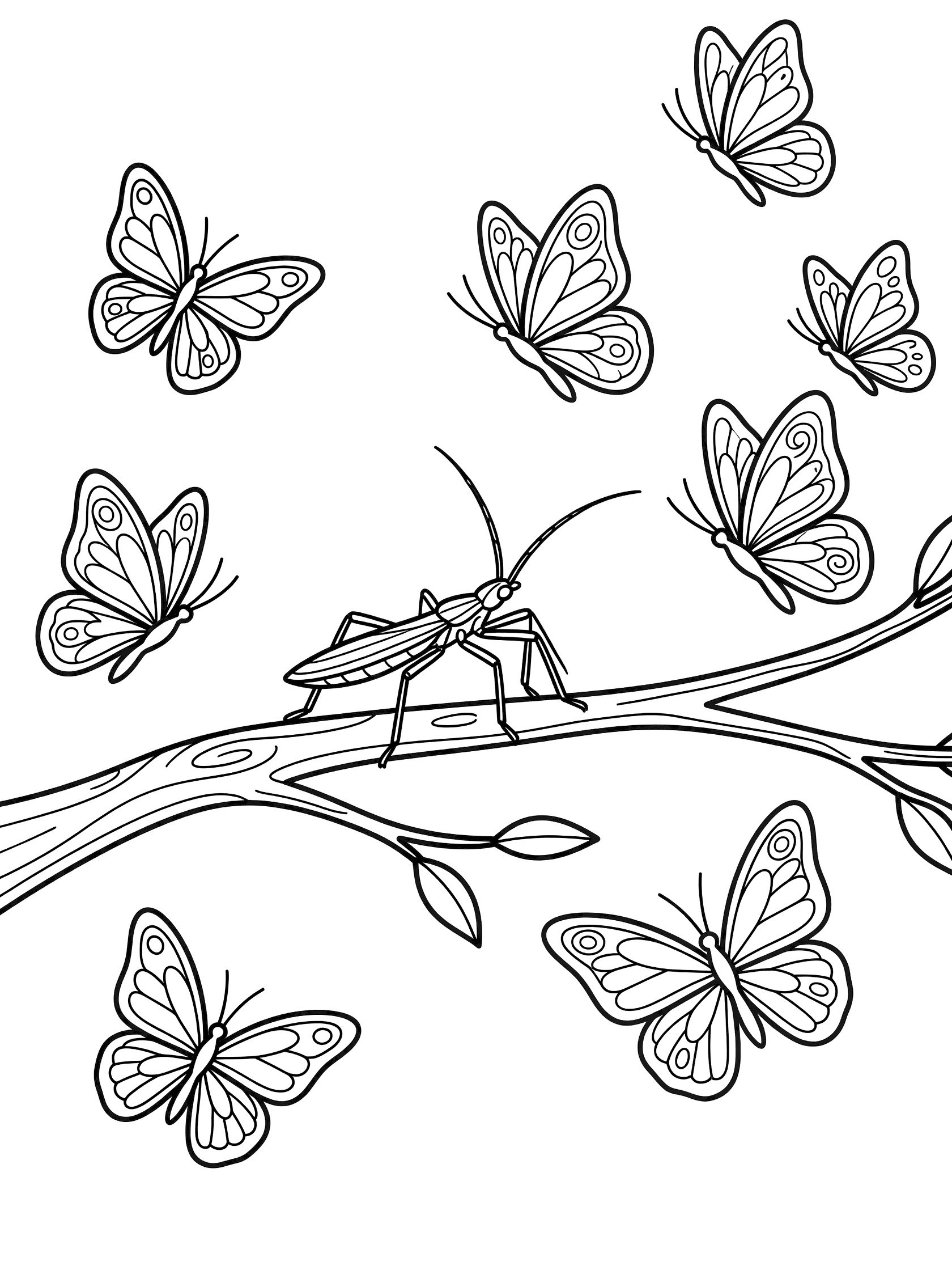 Black and white line drawing of a long thin stick insect standing on a tree branch with many butterflies with detailed wings flying nearby. Stick Bug themed black and white printable line art
