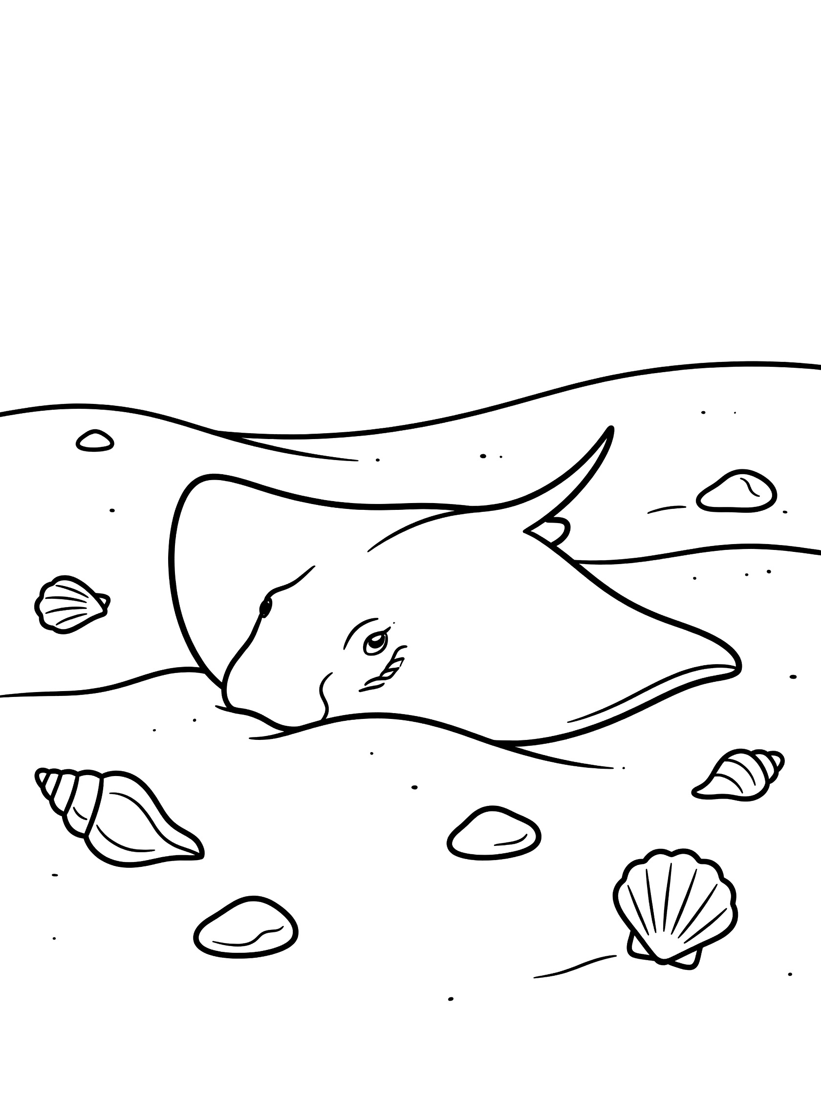 Black and white line art coloring page showing a stingray partially buried in sand on the ocean floor, with eyes and tail tip visible, surrounded by seashells and small pebbles.