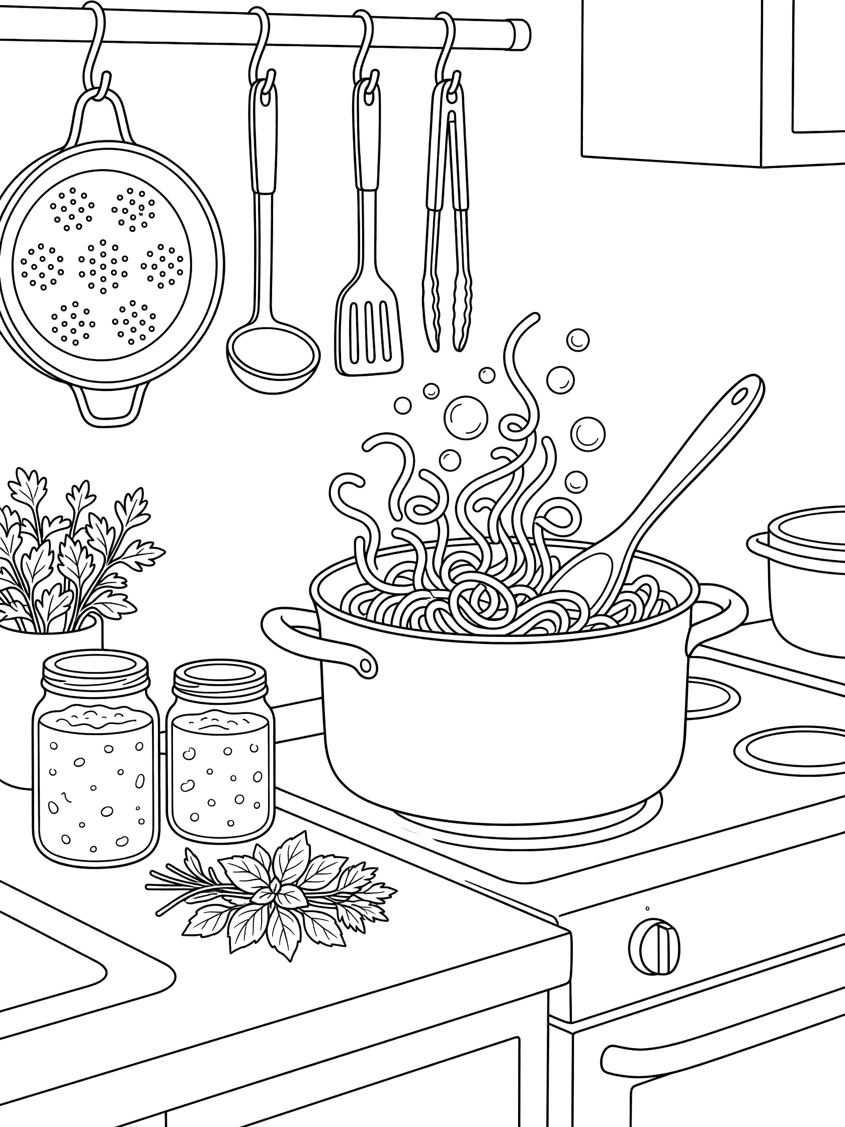 Line art coloring page showing a large pot of boiling curly pasta on the kitchen stove, wooden spoon stirring, with hanging utensils, colander, sauce jars and fresh herbs on the counter.