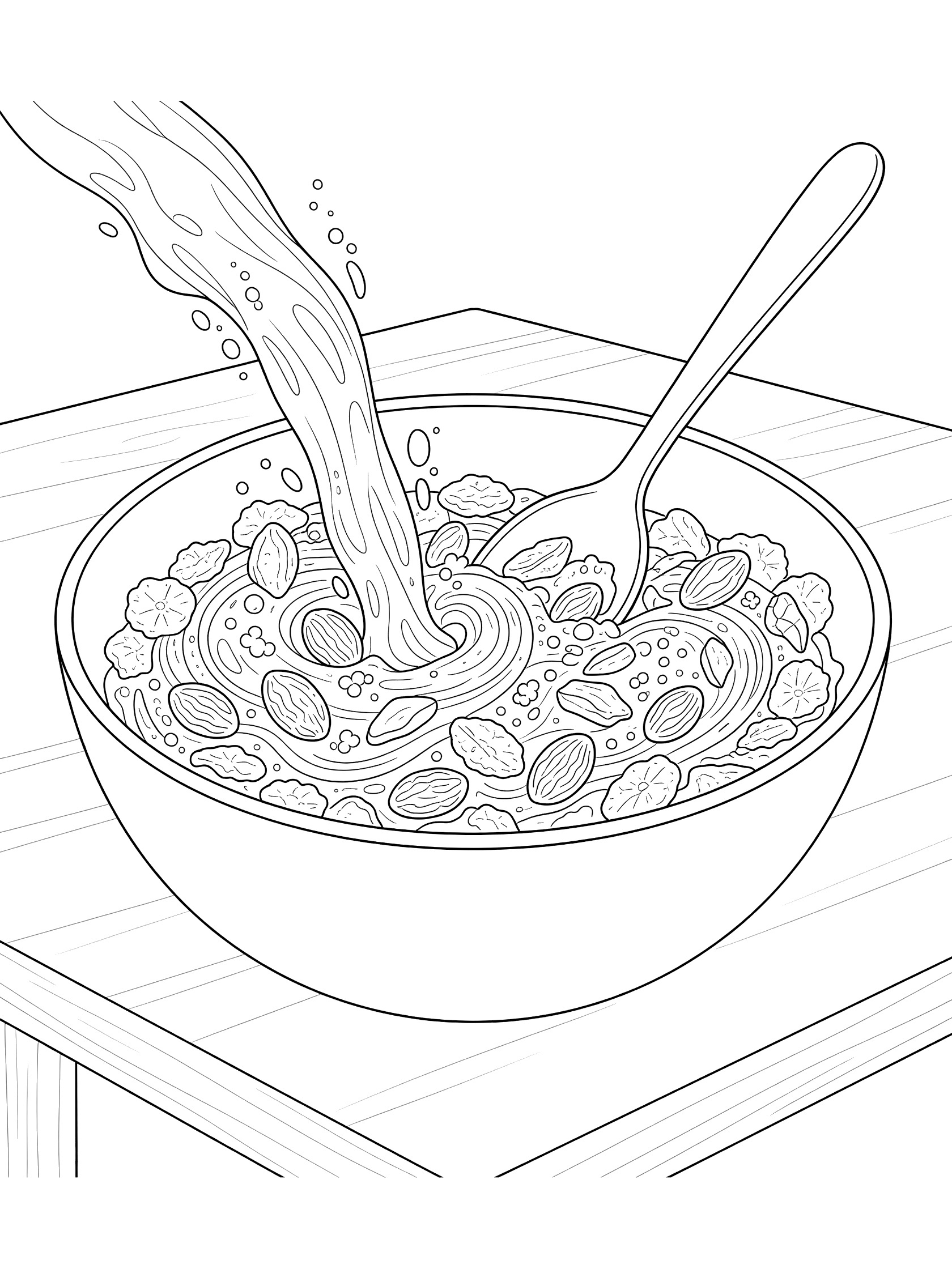 Coloring page showing a spoon stirring cereal flakes into pouring milk in a deep bowl on a table, with floating raisins, nut pieces, swirls and bubbles.