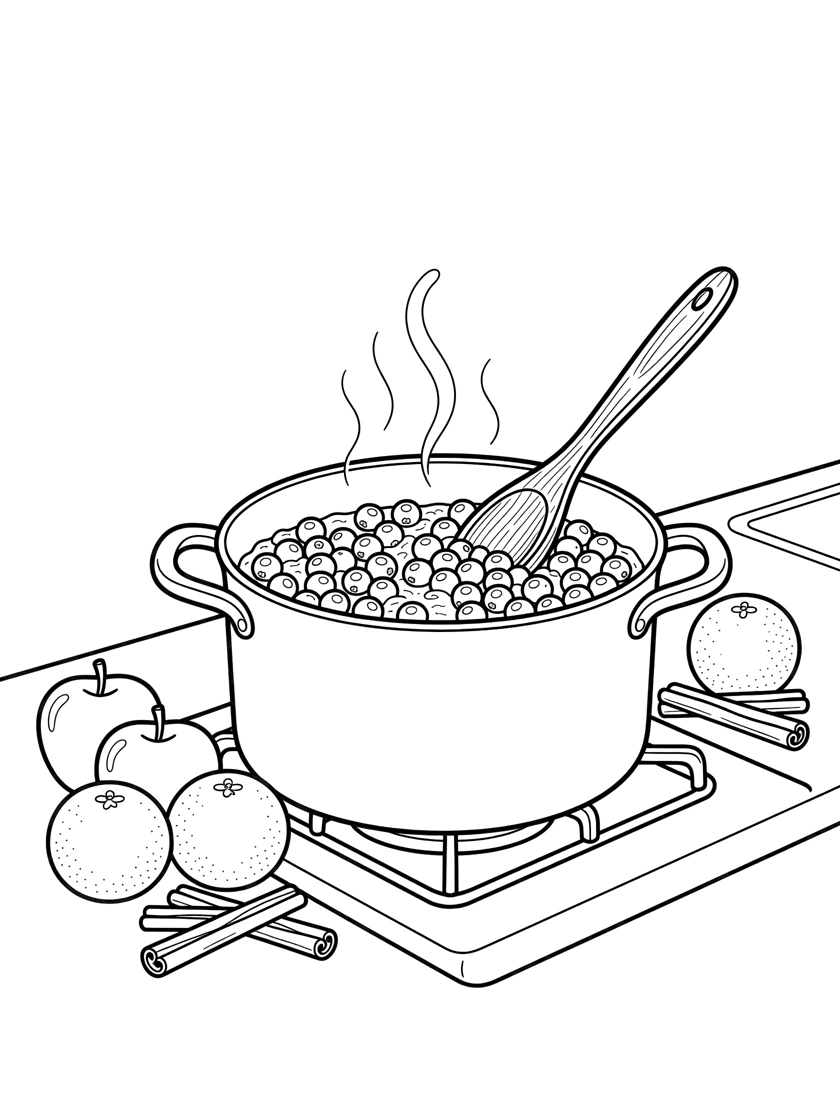 Black-and-white line art coloring page showing a kitchen pot full of cranberries being stirred with a wooden spoon on the stove, surrounded by apples, oranges, and cinnamon sticks for Thanksgiving cranberry sauce.