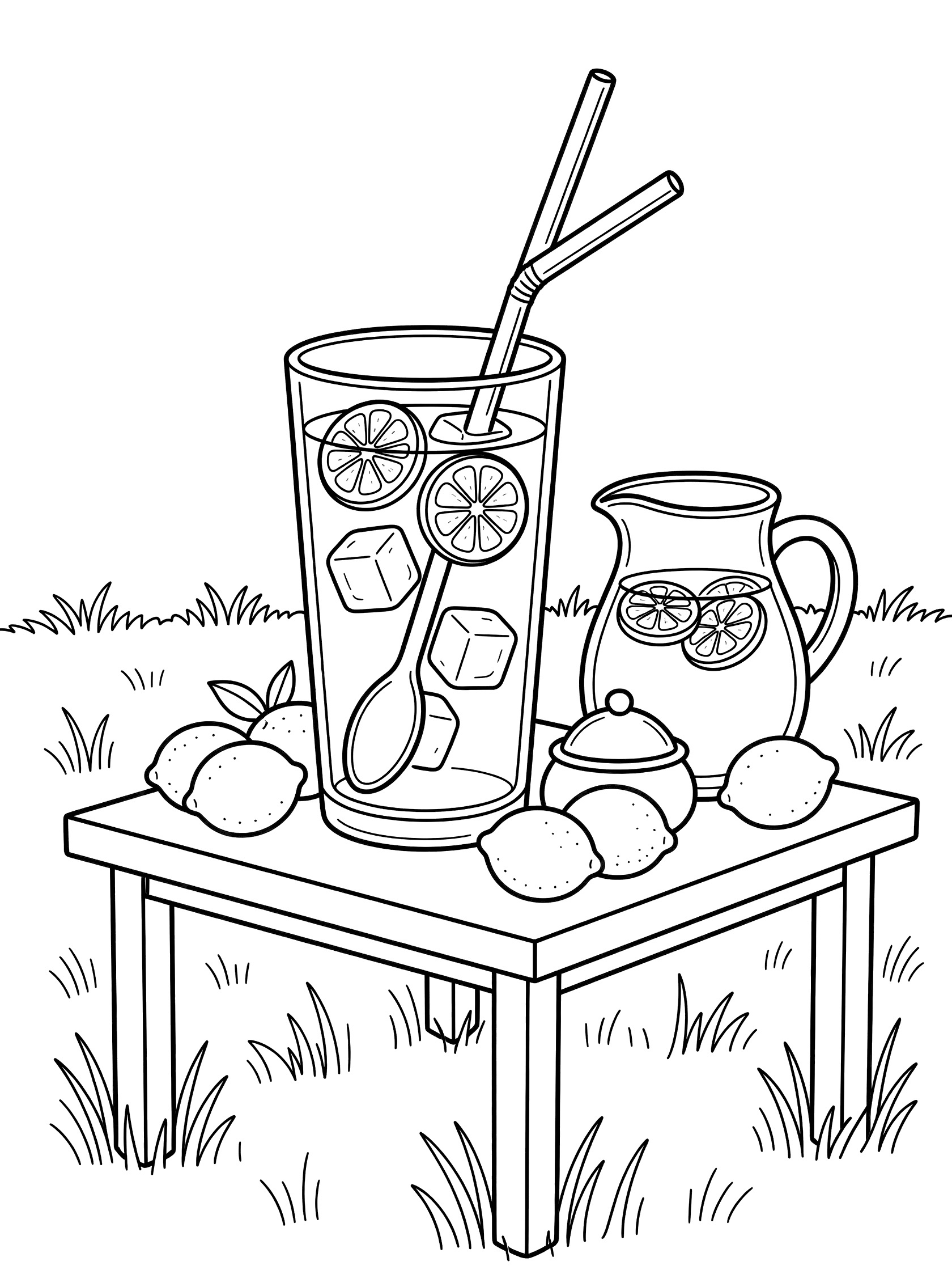 Black and white line art of lemonade in a tall glass with ice cubes, lemon slices, straw, and spoon being stirred, next to pitcher, sugar bowl, and lemons on a table in the grass.