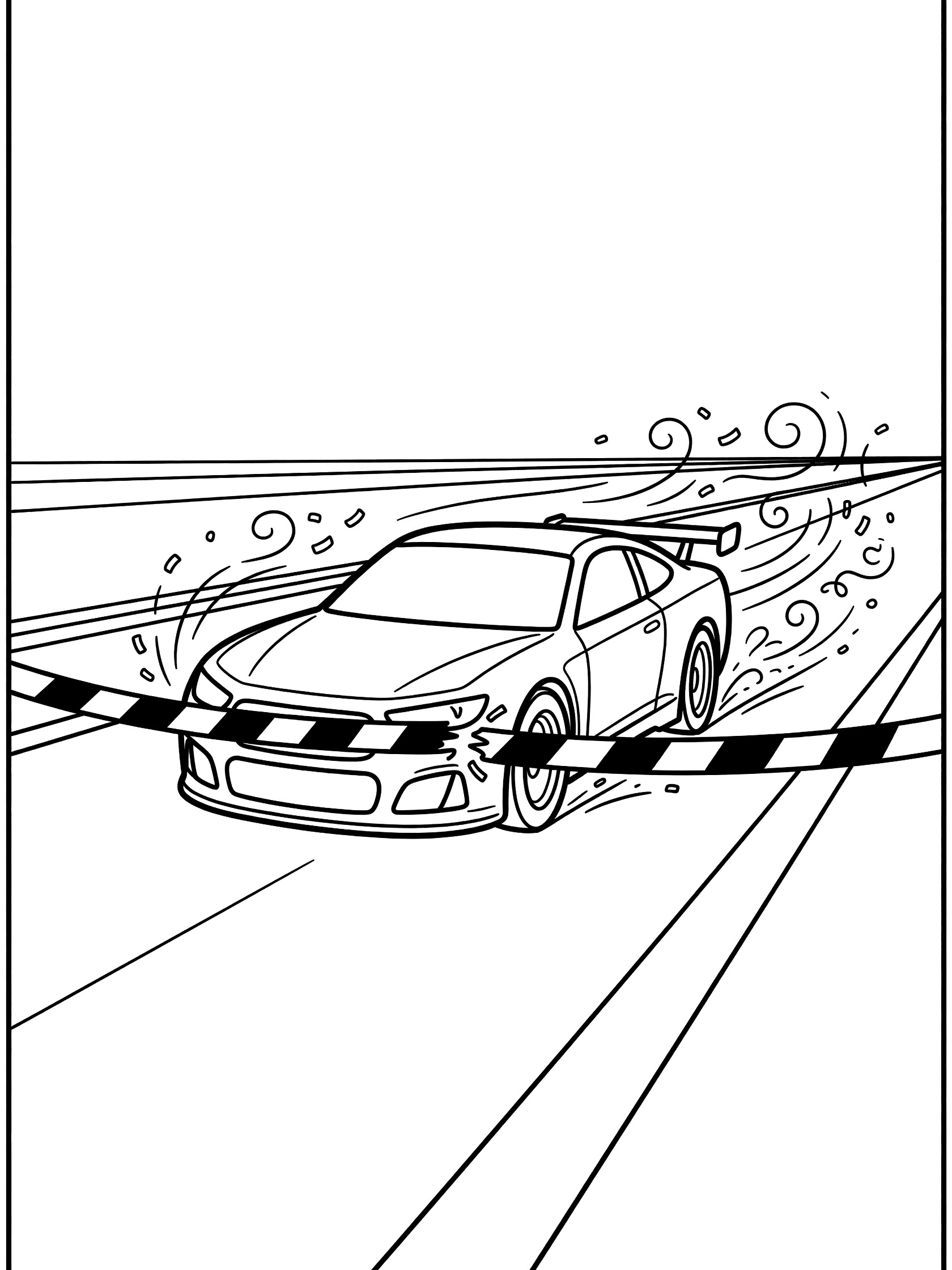 Black-and-white line art of a stock car breaking through striped finish line tape at the racetrack, with spinning wheels and swirling lines behind it.