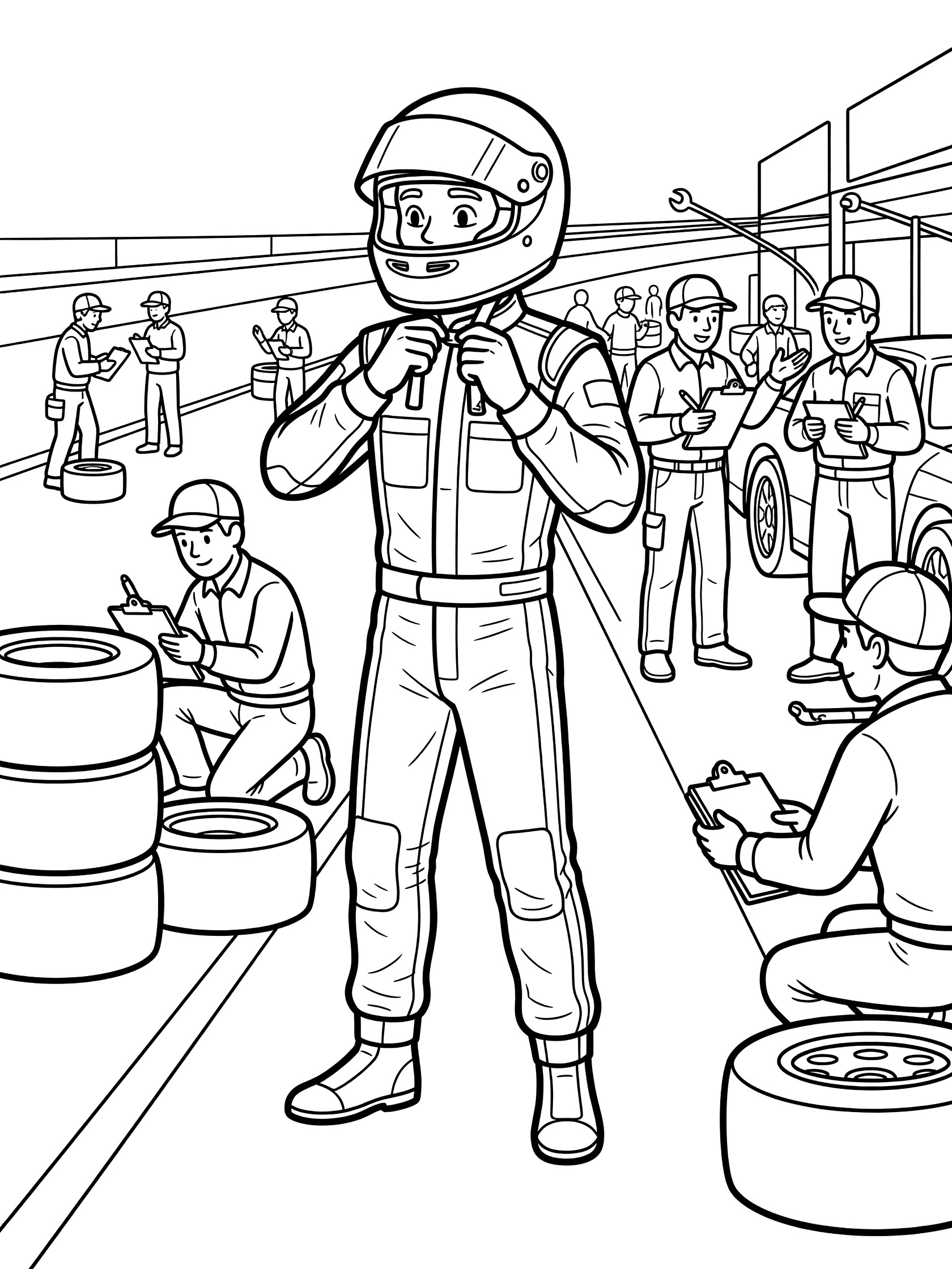Black-and-white coloring page of stock car driver buckling chin strap on racing helmet while mechanics with tires and clipboards stand in pit lane.
