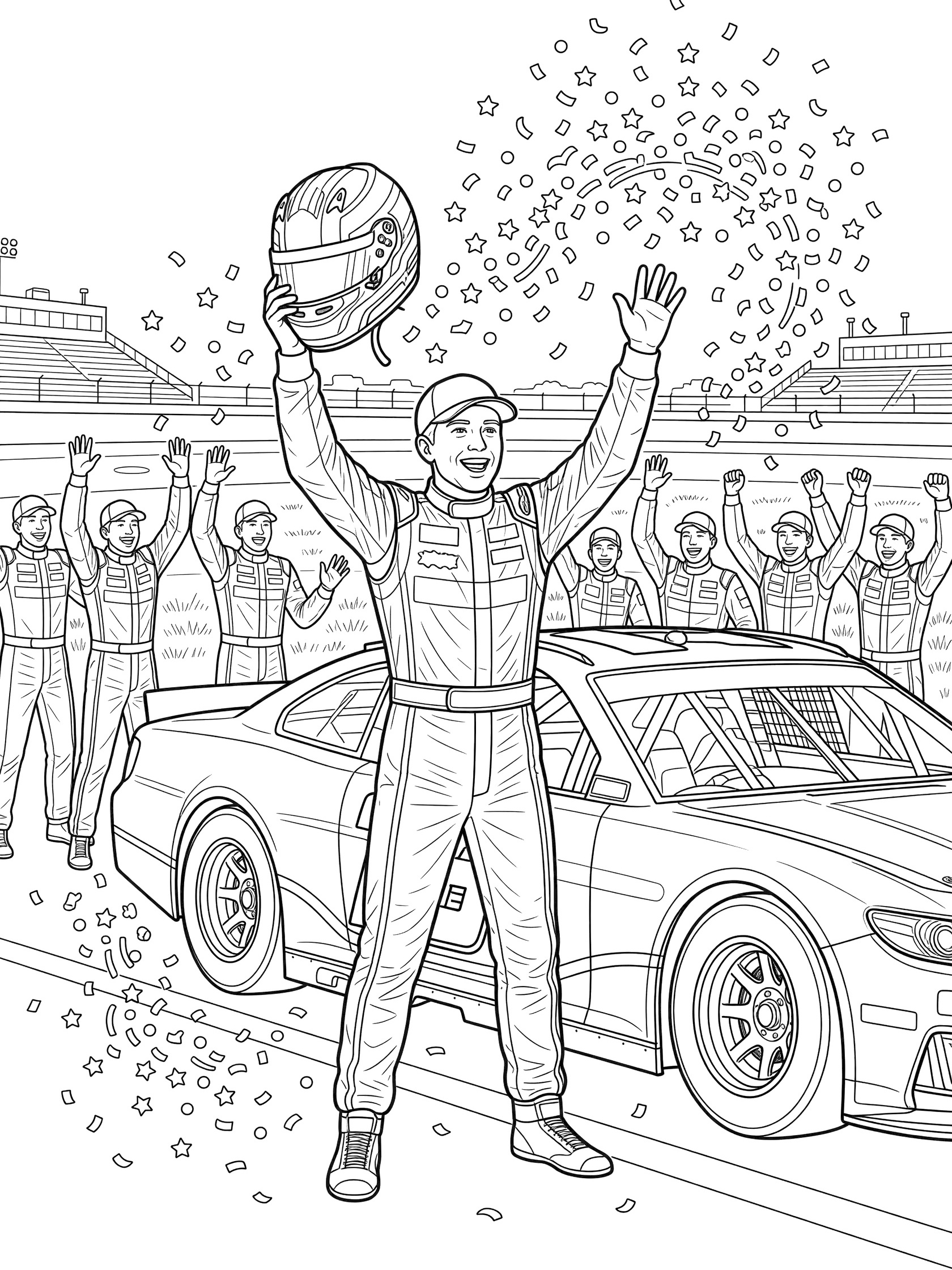 Black-and-white line art of triumphant stock car racing driver in suit raising vented racing helmet overhead beside his race car as teammates cheer with confetti falling.
