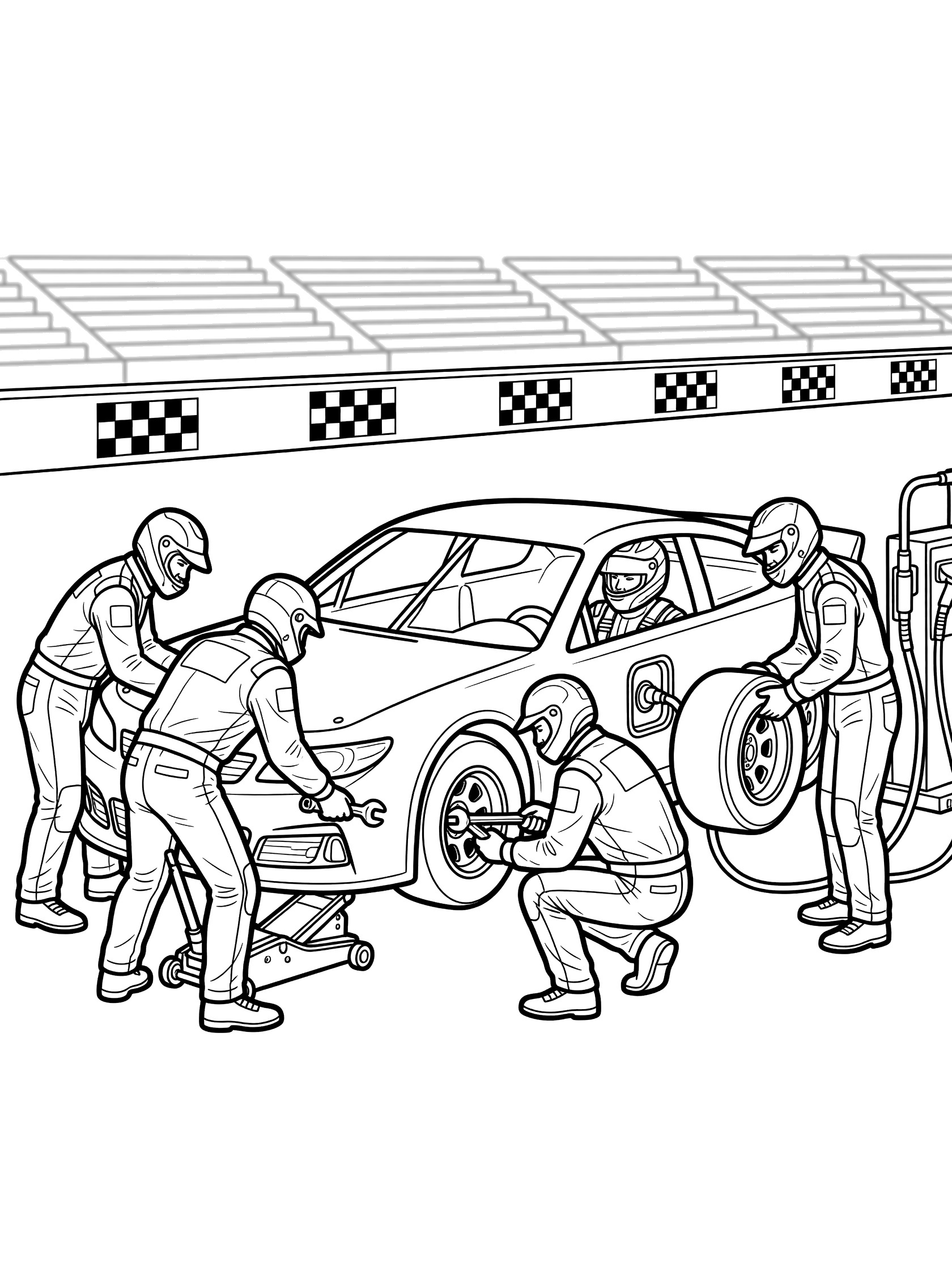 Black and white line art of stock cars pit stop: crew jacking up the race car, removing rear tire with lug wrench, holding new tire, driver in cockpit, fuel hose attached, checkered flags and stadium background.