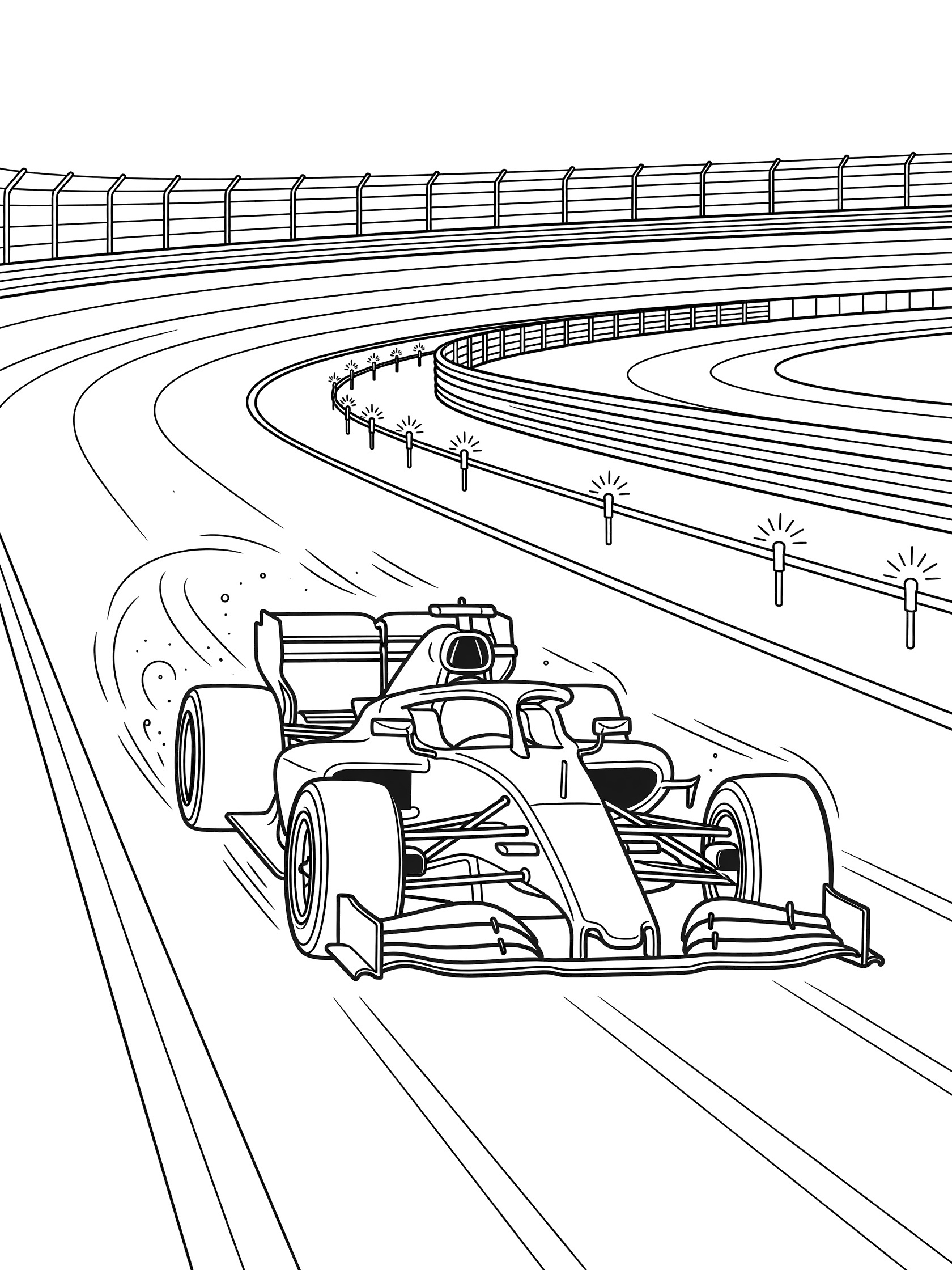 Black and white coloring page of a stock race car speeding on the speedway track during qualifying lap with tires kicking up motion lines and timing lights flashing.
