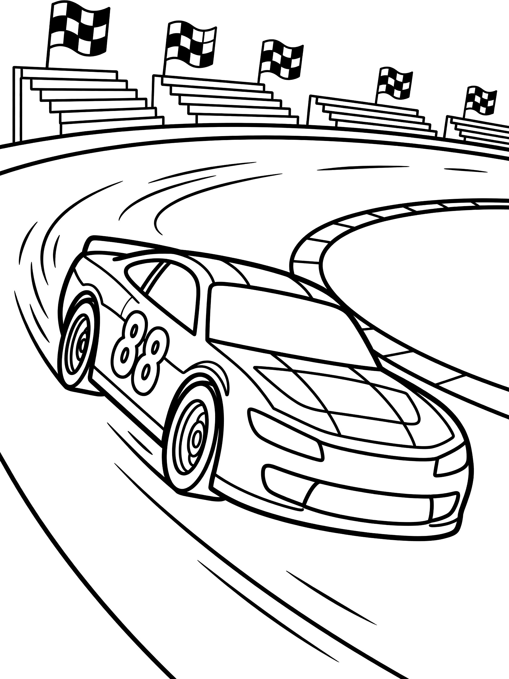 Black and white coloring page of a stock car with number 88 racing on a banked oval track, motion lines behind wheels, grandstands and checkered flags in background.