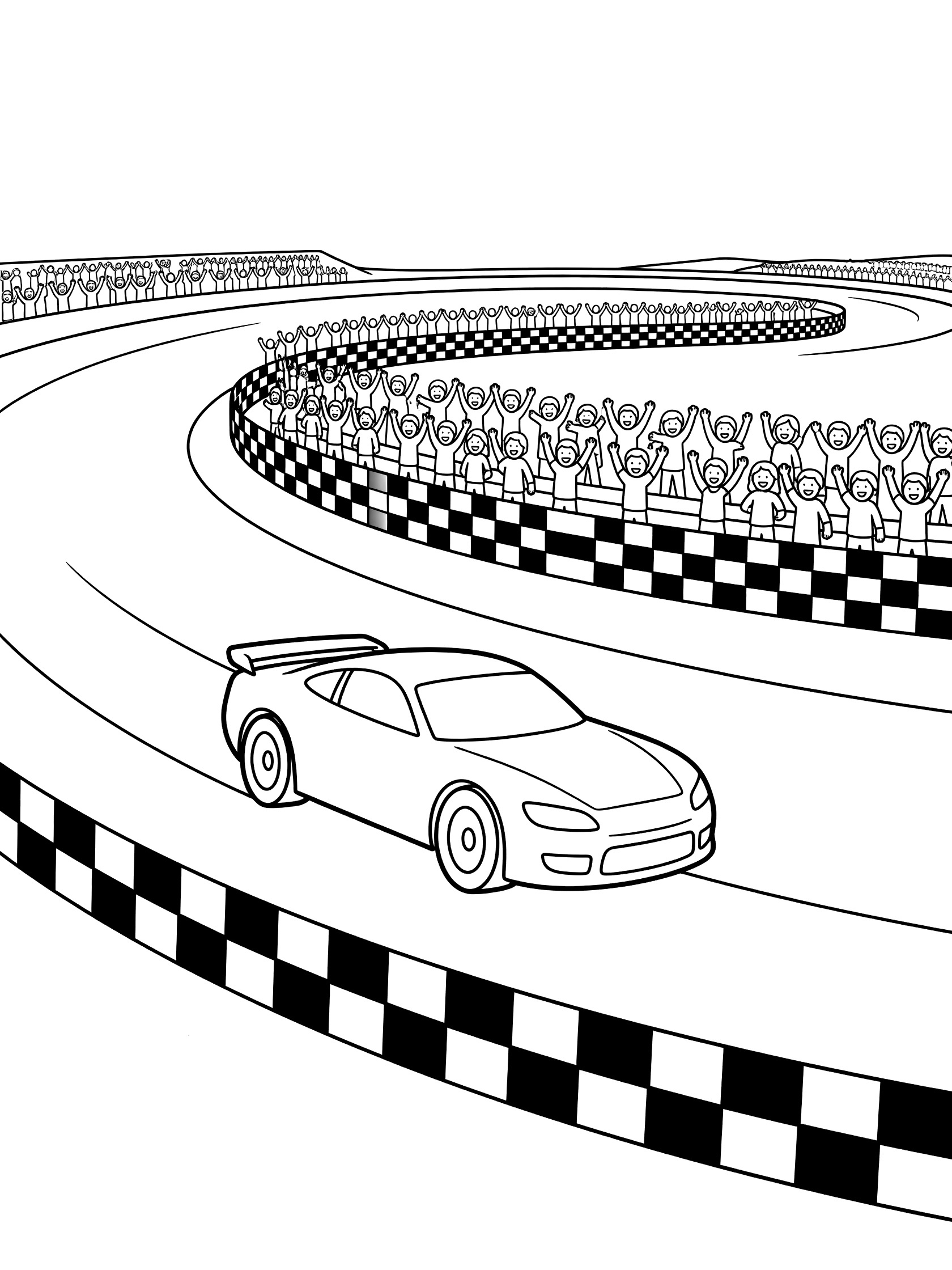 Black and white line art of a stock race car speeding on a banked speedway curve with grandstands full of fans and checkered pattern fences.