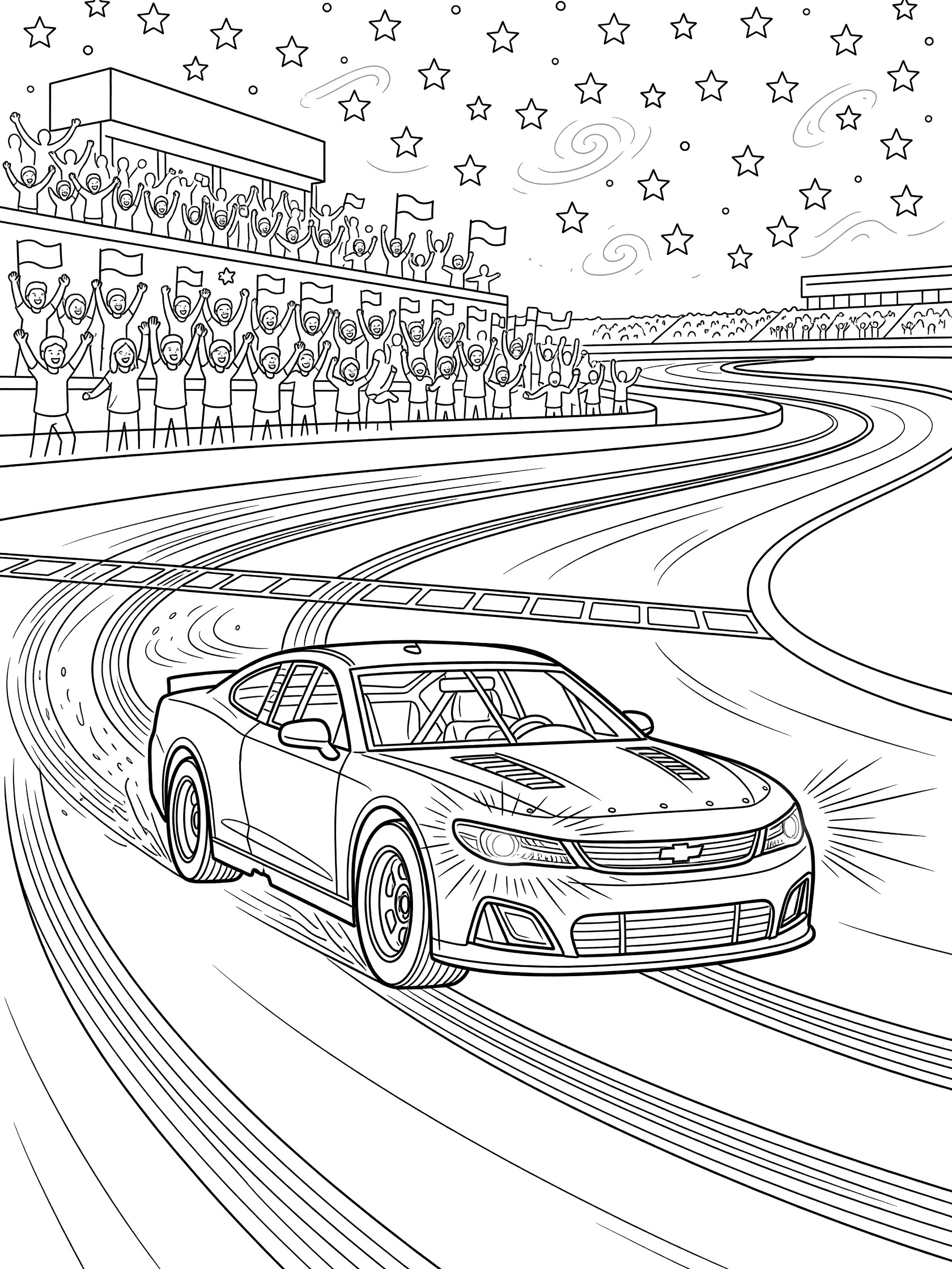Black-and-white line art of a stock car celebrating victory lap after crossing the finish line, with cheering crowd, racetrack, swirling tire tracks, stars, and headlights on a white background.