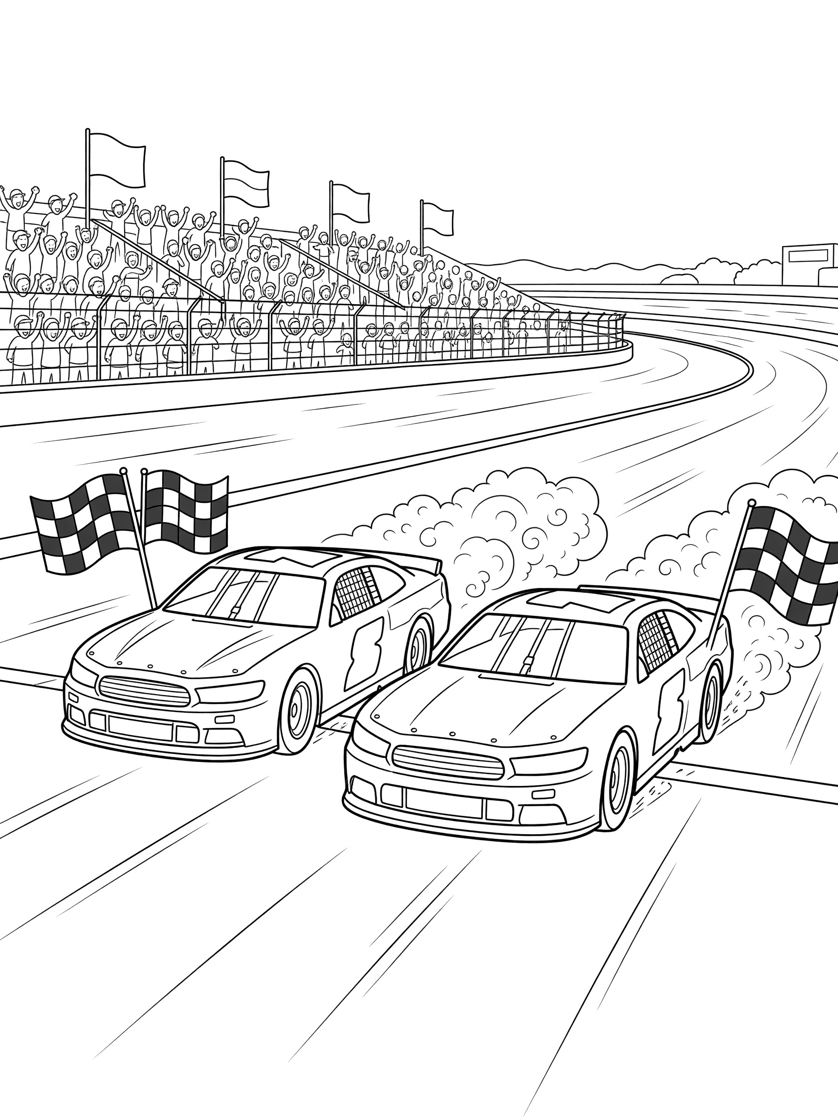 Black-and-white coloring page of two stock cars side by side crossing the finish line with checkered flags waving, grandstands full of fans, and an oval racetrack.