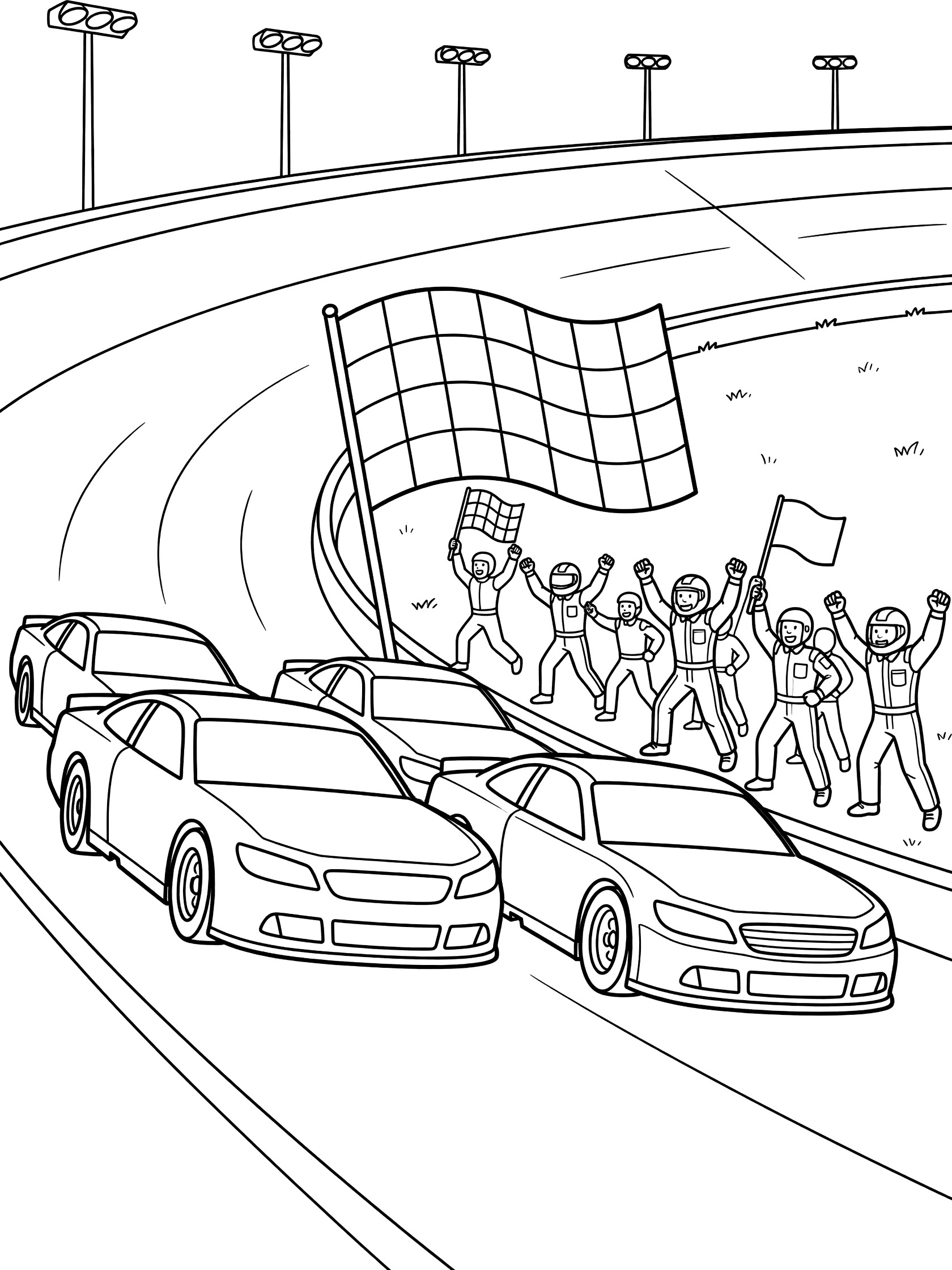 Black and white line art of stock cars at the finish line with waving checkered flag, pit crew cheering, and bright lights on oval track.