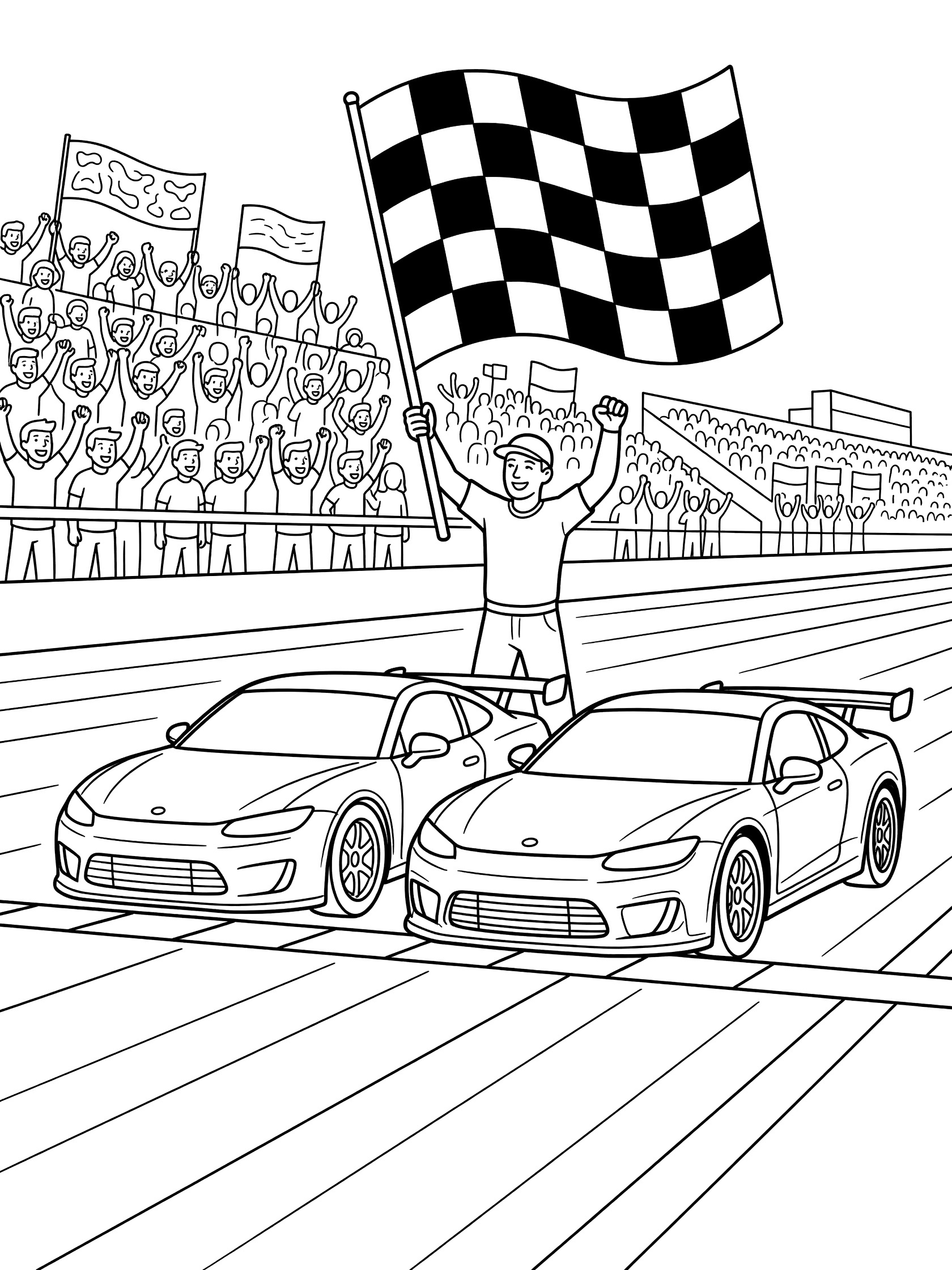 Black-and-white coloring page of two stock cars racing across the speedway finish line, official waving checkered flag, excited spectators in grandstands.