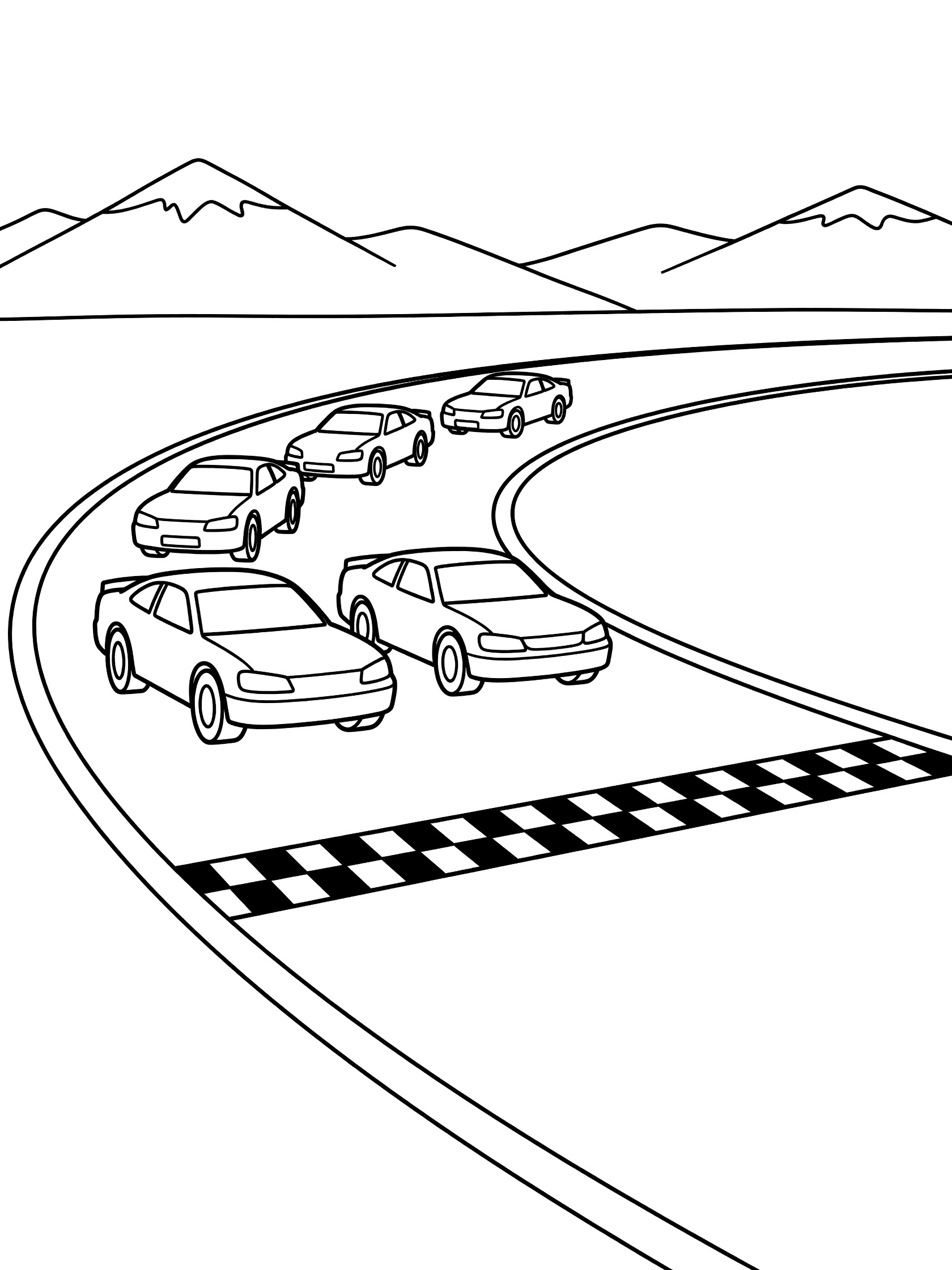 Black and white line art of four stock cars dashing towards a checkered finish line on a curved track with mountains in the background.