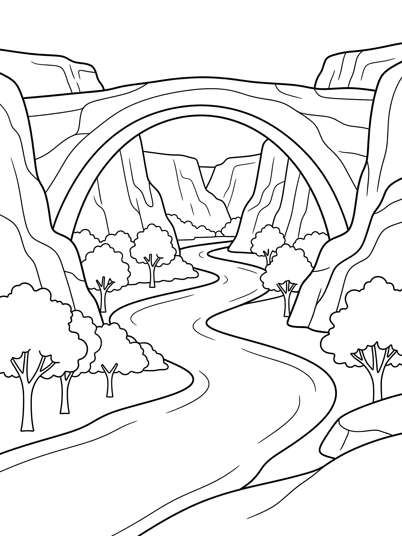 Black and white line art coloring page showing a large natural stone arch bridge spanning a deep canyon, with a winding river below and simple trees along the edges. Natural Bridge themed black and white printable line art