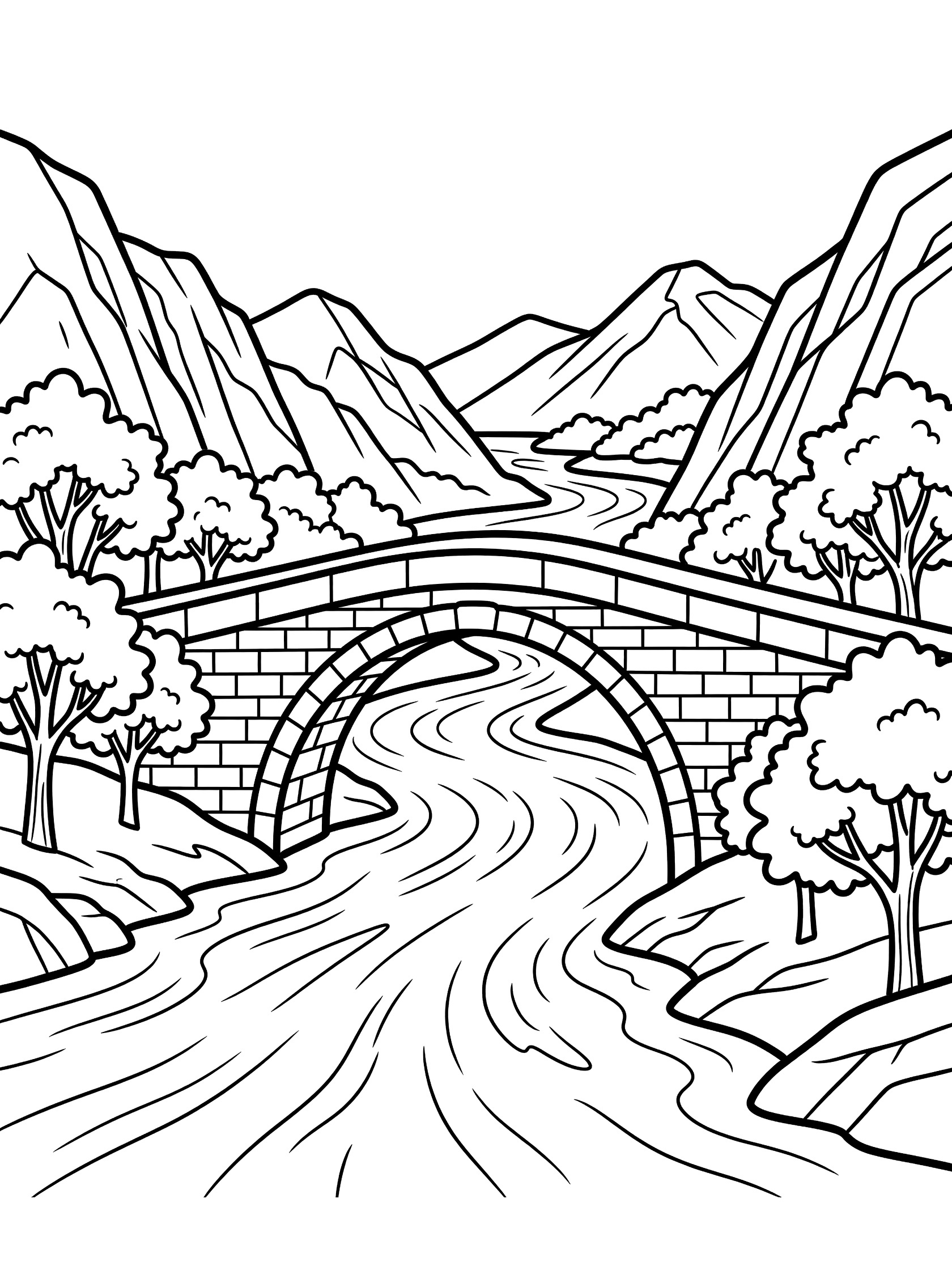 Black and white line art coloring page showing a stone arch bridge spanning a flowing river between mountains with trees along the banks. Yangtze River themed black and white printable line art