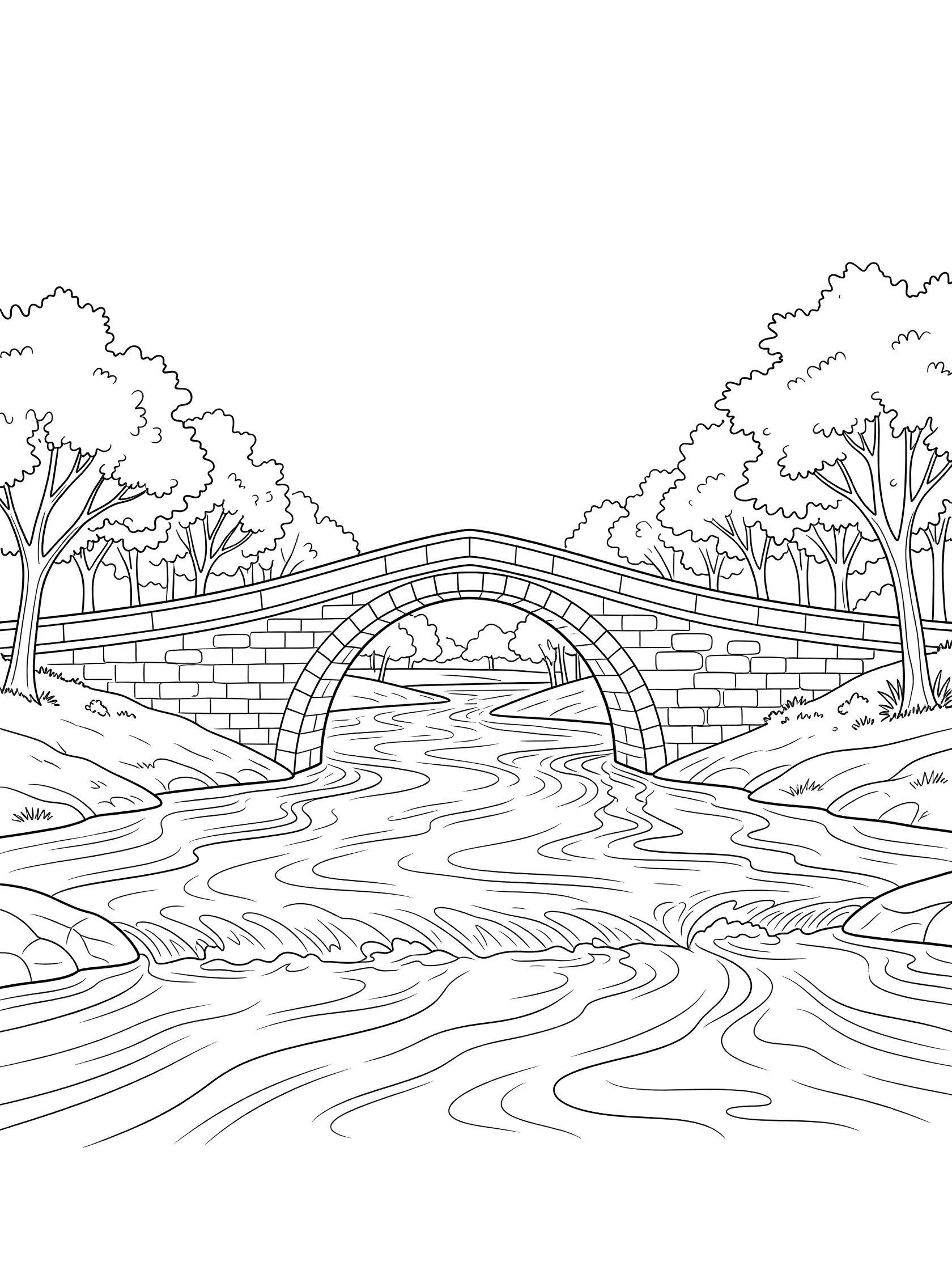 Black and white line art of a stone arch bridge spanning a flowing river with wavy water and trees lining the banks. Ganges River themed black and white printable line art