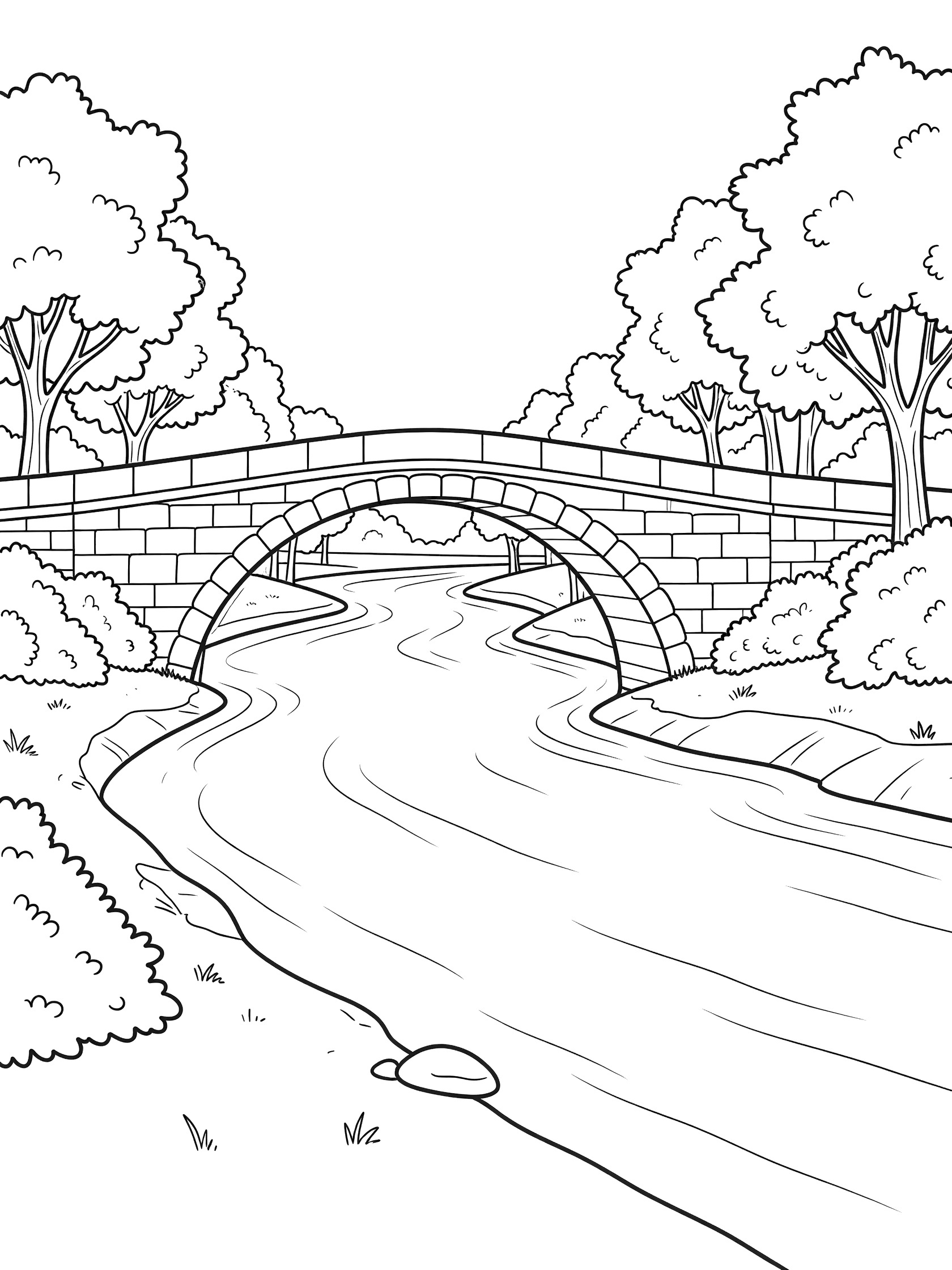 Black and white line art coloring page showing a stone arch bridge spanning a curving river, framed by trees and bushes along the riverbanks. Danube River themed black and white printable line art