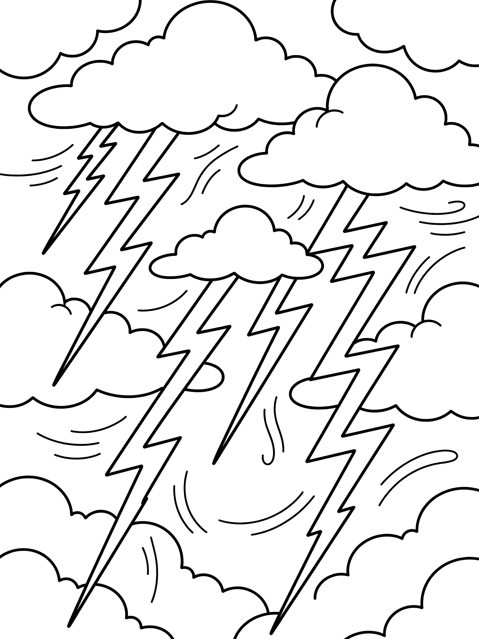 Black and white line art coloring page showing multiple thick storm clouds in a turbulent sky with several zigzag lightning bolts flashing between them and curved wind lines.