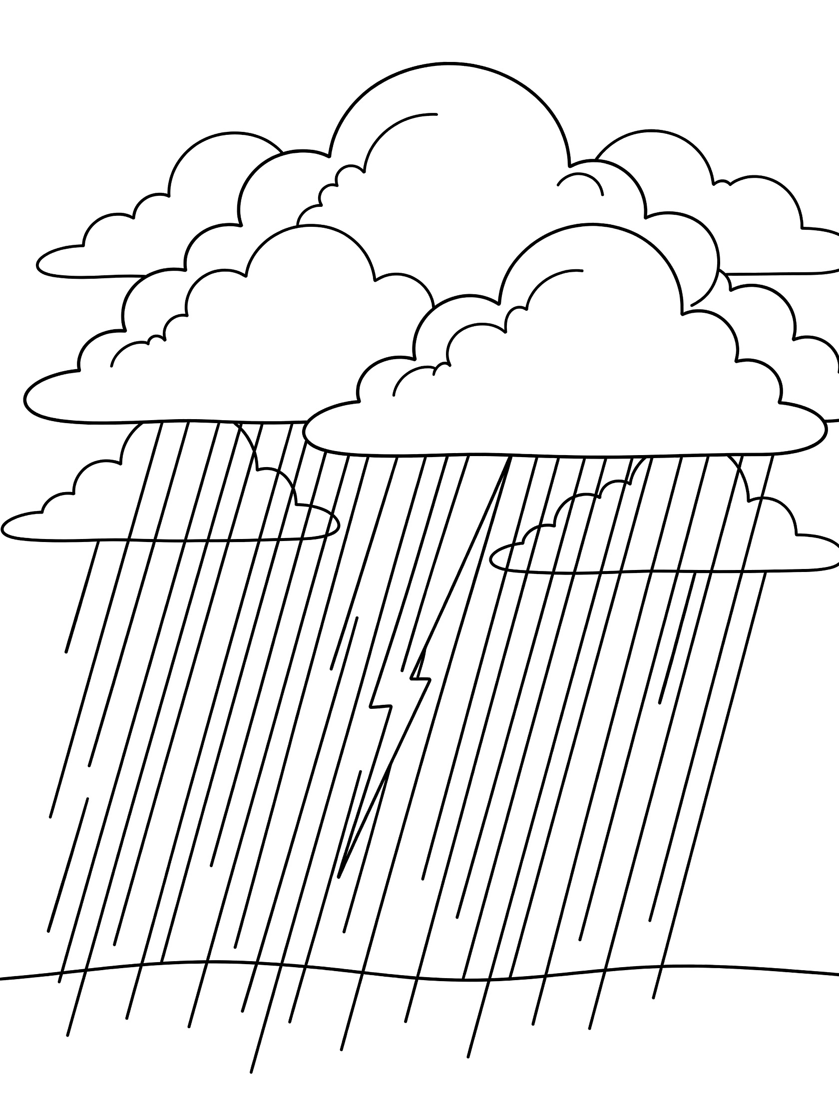 Black and white line art coloring page showing large fluffy storm clouds in the sky with heavy rain falling down and a zigzag lightning bolt striking near the ground. Thunderstorm themed black and white printable line art