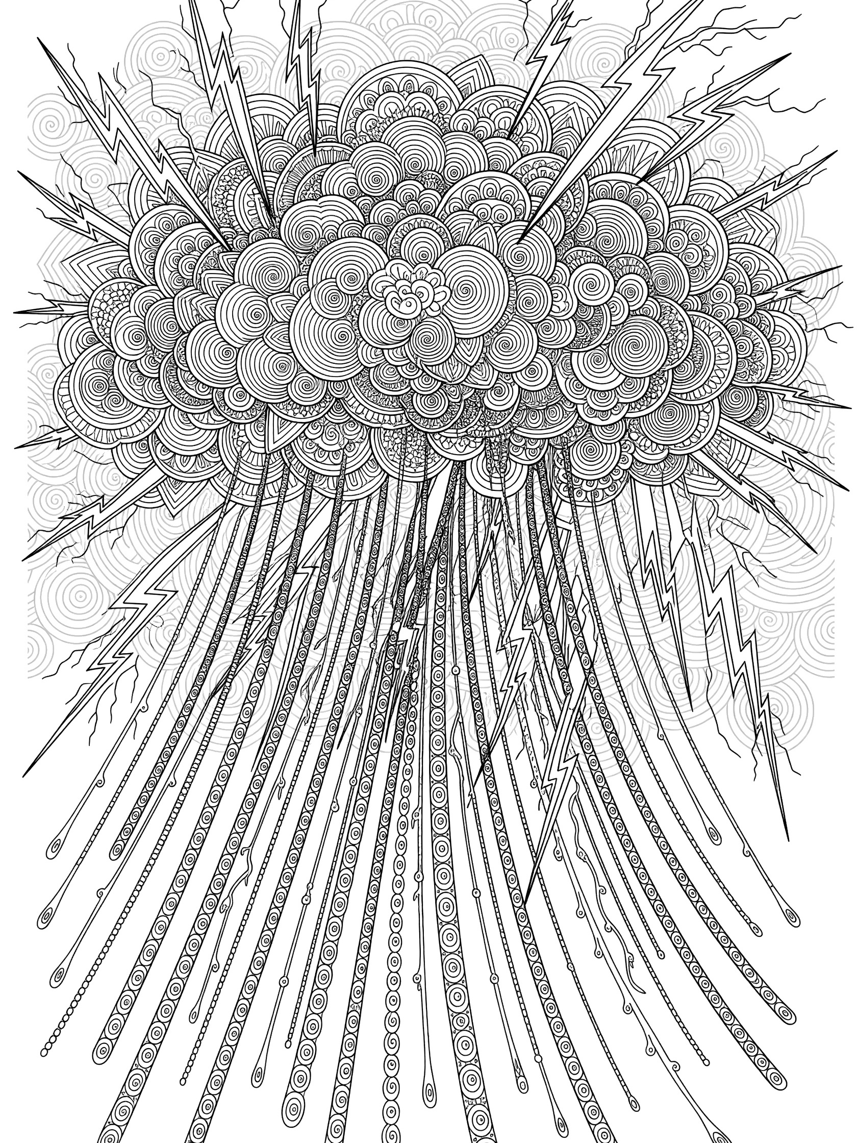 Intricate zentangle coloring page featuring a central stormy cloud with heavy rain streams and jagged lightning bolts in black line art.