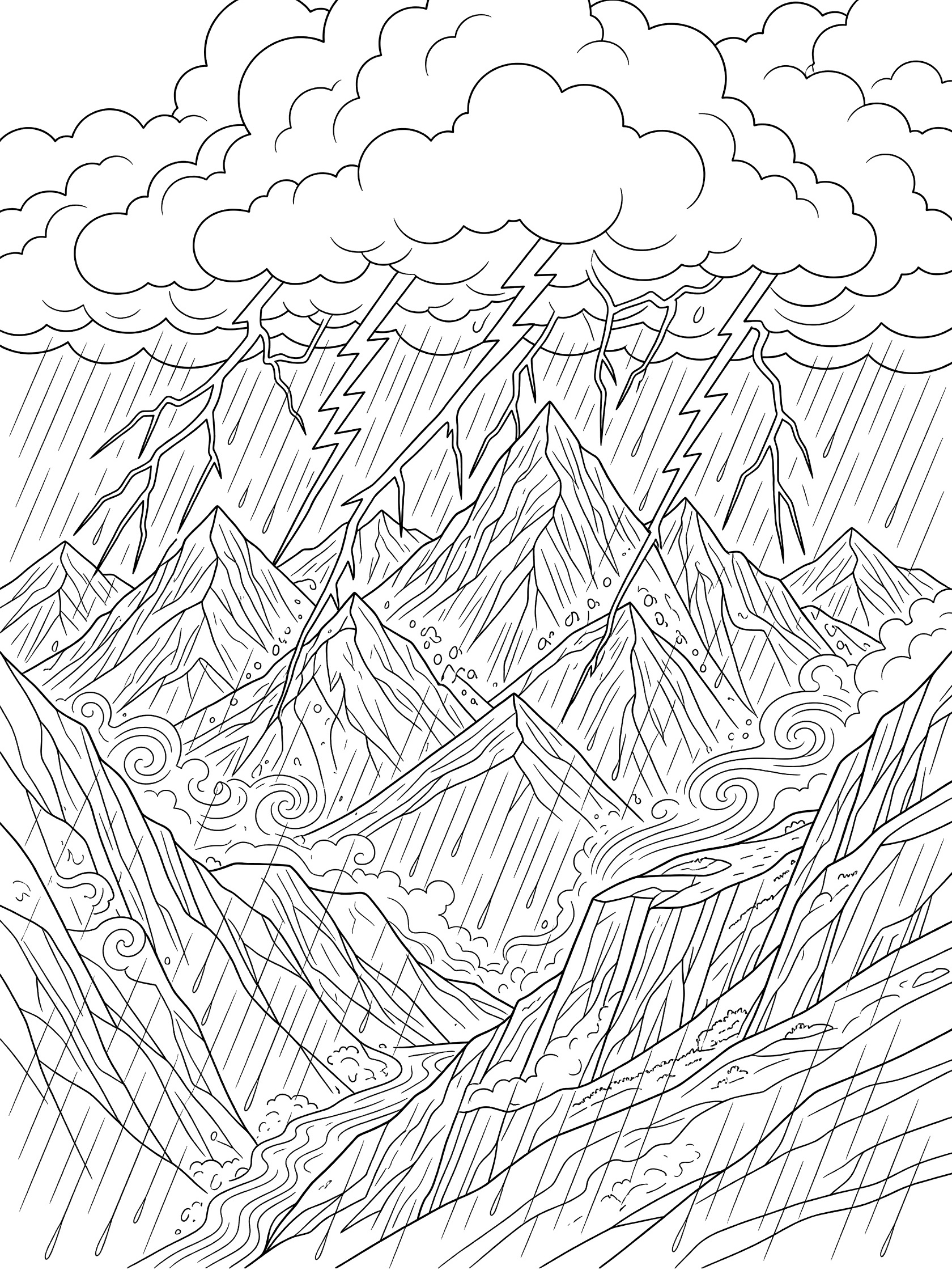 Black and white line art coloring page showing jagged mountain peaks with swirling thunderclouds above, multiple lightning flashes striking, and diagonal rain lines pouring over cliffs and valleys. Thunderstorm themed black and white printable line art