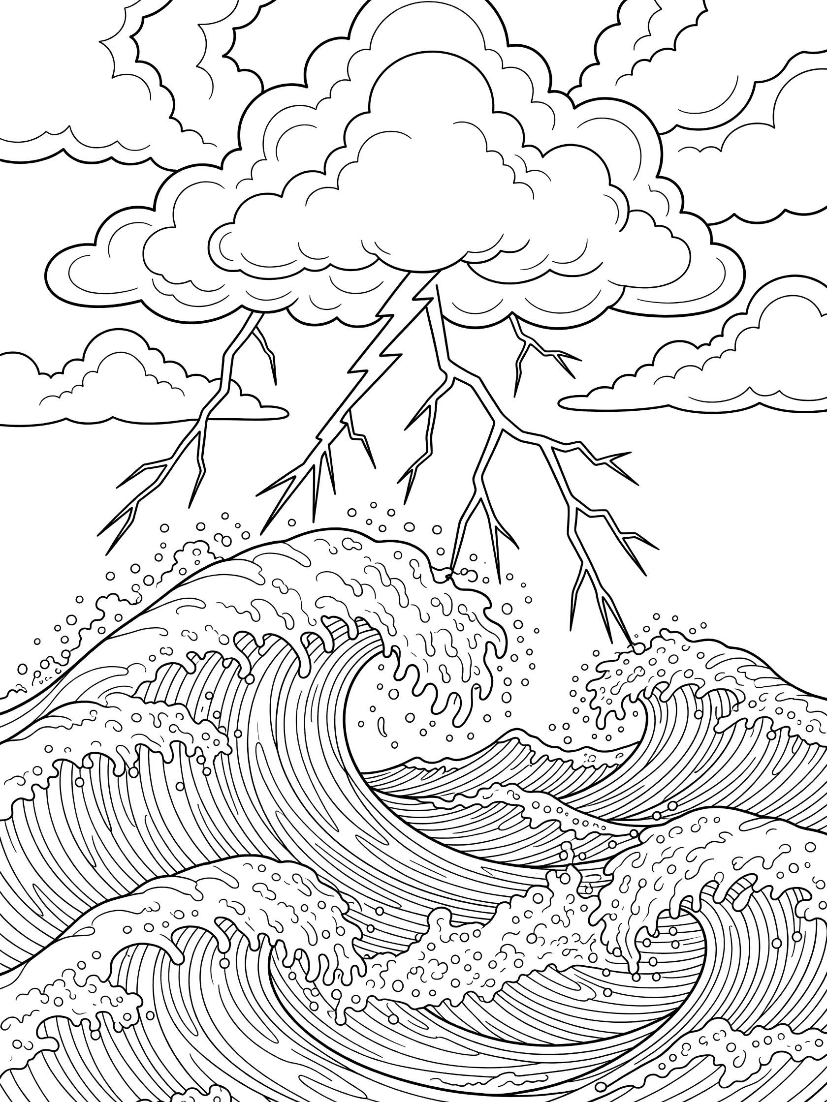 Black and white line art coloring page showing tall crashing ocean waves and splashing foam below dark thunderclouds cracked by jagged lightning bolts.