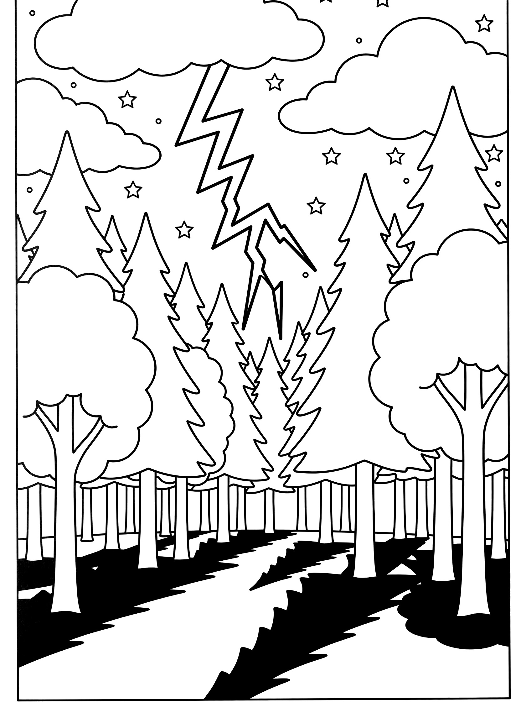 Black and white coloring page showing pine trees in a dark forest with a lightning bolt, starry sky, fluffy clouds, and a winding path with shadows.