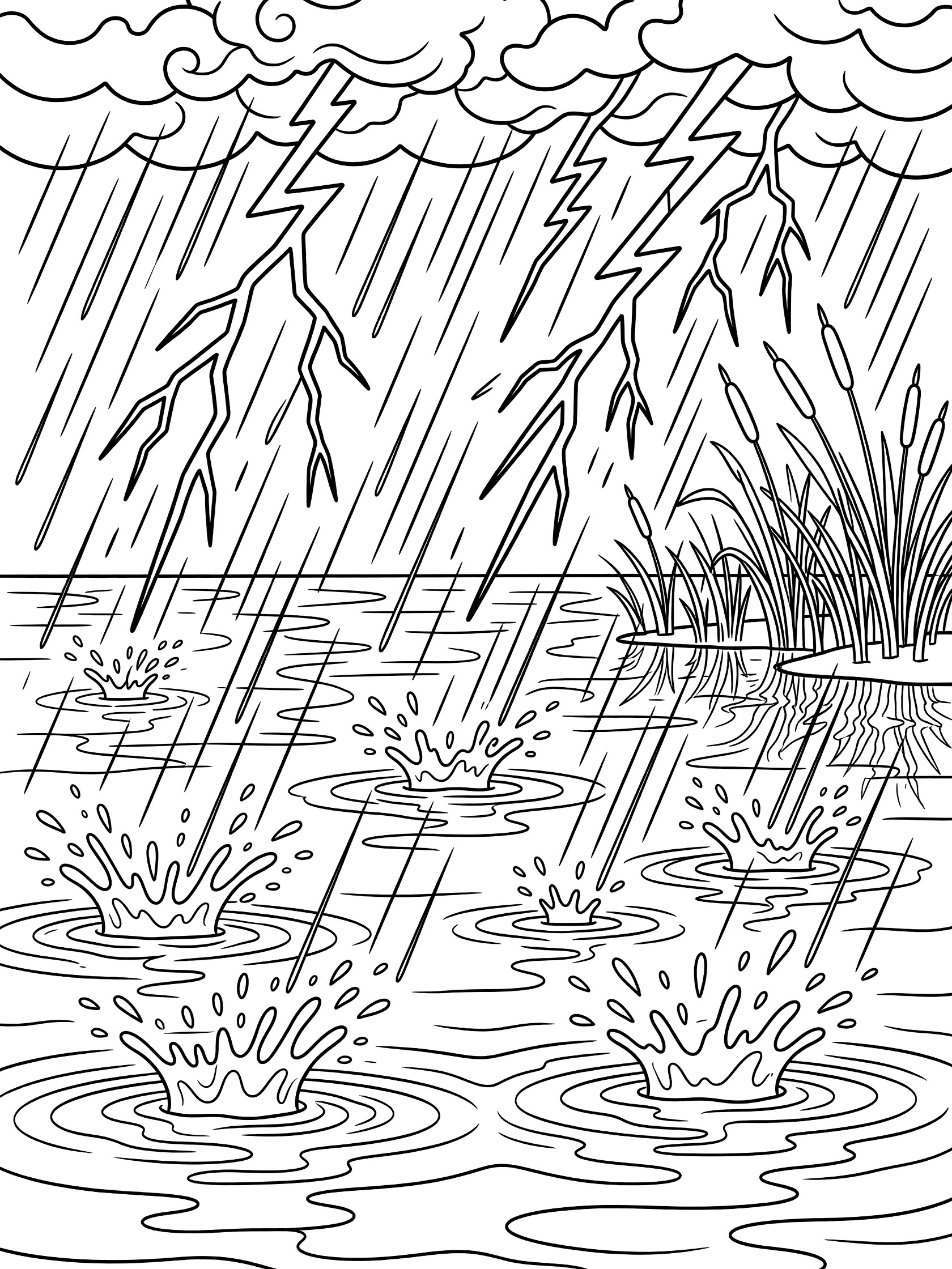 Black and white line art coloring page showing thunderclouds, forked lightning, heavy rain falling on wavy lake water with splashes and ripples, and distant bending reeds. Thunderstorm themed black and white printable line art