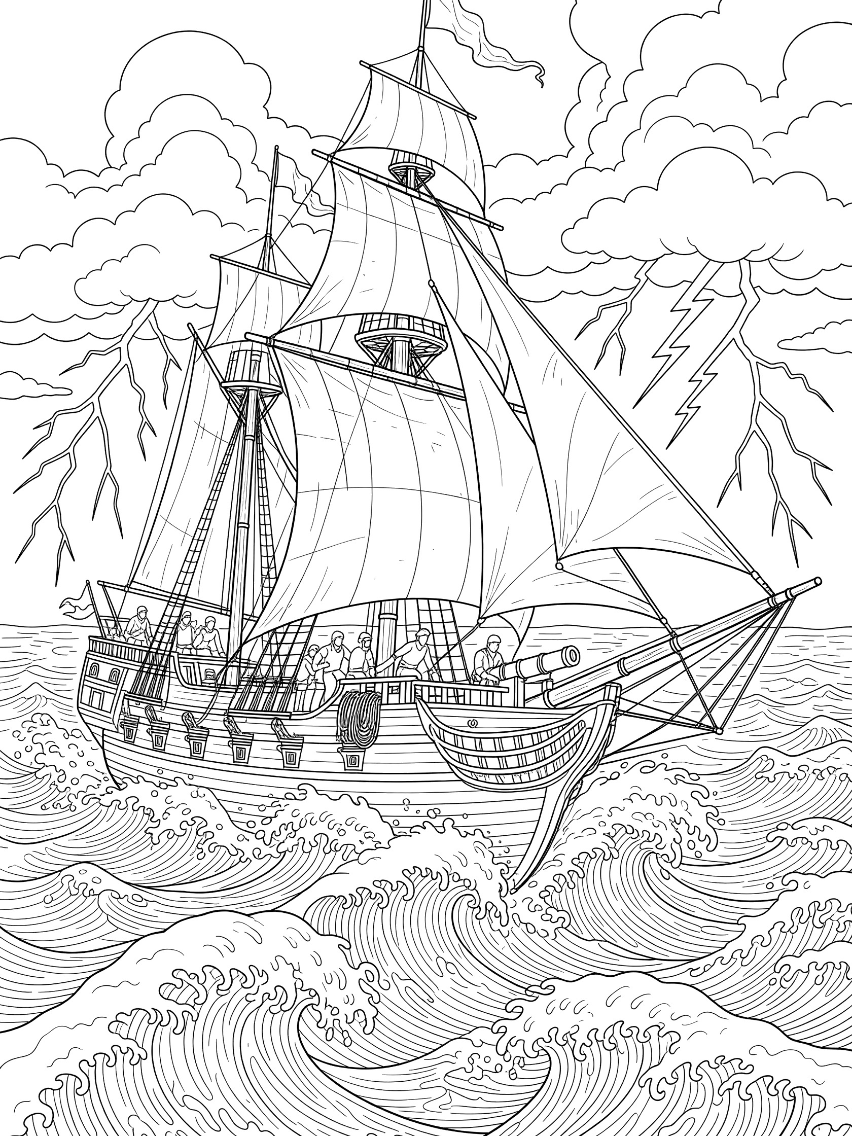 Black-and-white coloring page of a military frigate ship sailing through massive crashing waves in a stormy sea with lightning, tall masts, billowing sails, cannons, ropes, flags, and crew members.