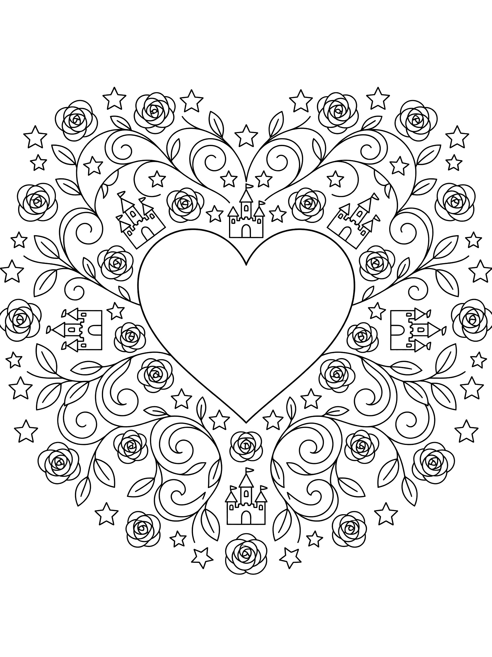 Simple storybook heart mandala line art coloring page featuring a large central heart surrounded by symmetrical vines, roses, tiny castles, and sparkling stars.