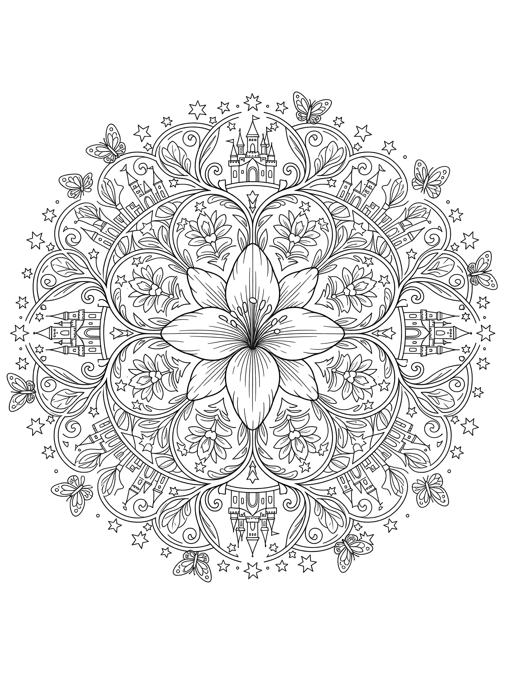 Black and white line art of a symmetrical Lily Mandala featuring a central lily flower, vines, storybook castles, stars, and butterflies for coloring.