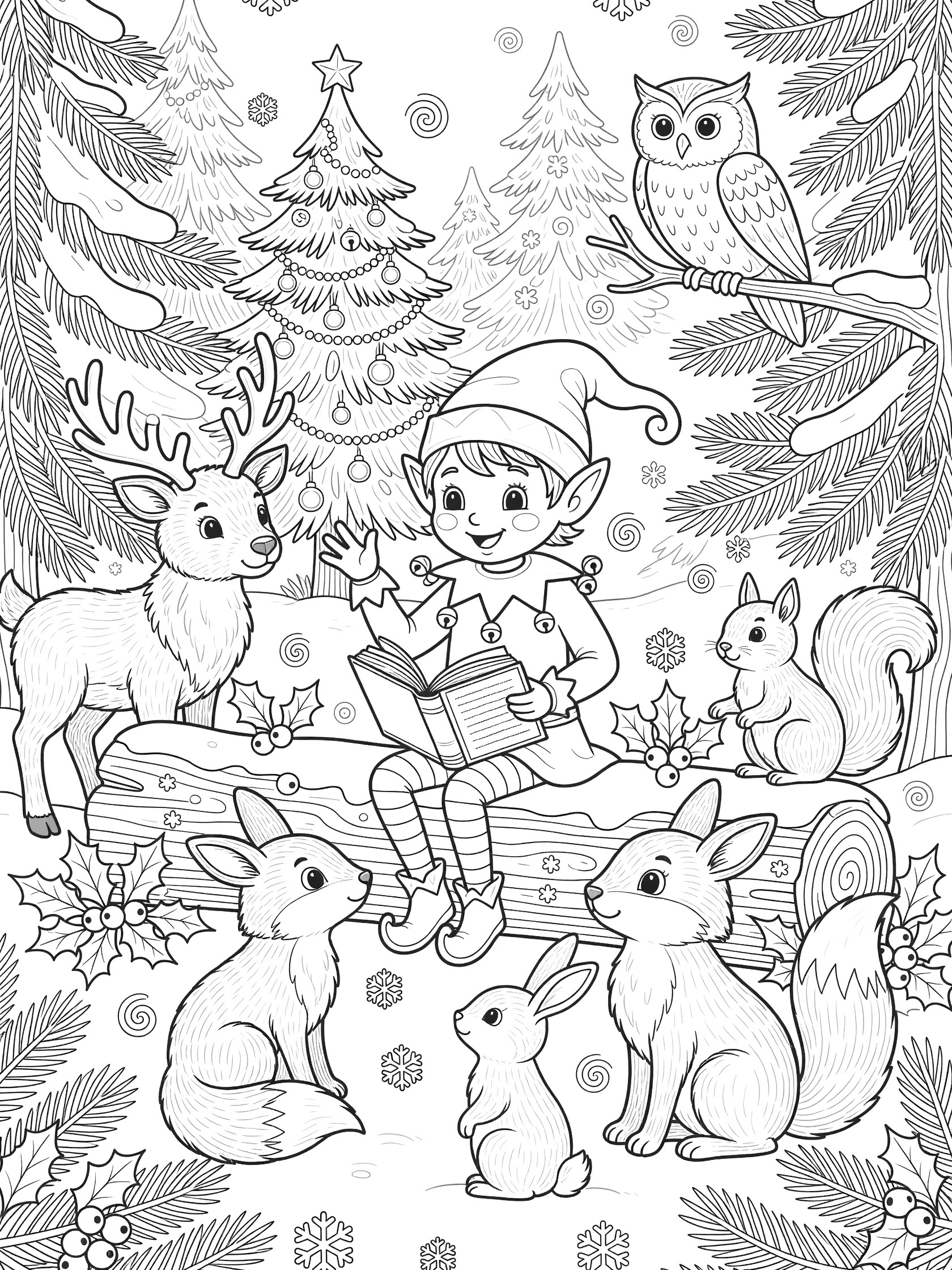 Black and white coloring page showing elf in green hat and red tunic sitting on log reading book to circle of animals including reindeer with antlers, fox, rabbits, owl on branch and squirrels in Christmas forest.