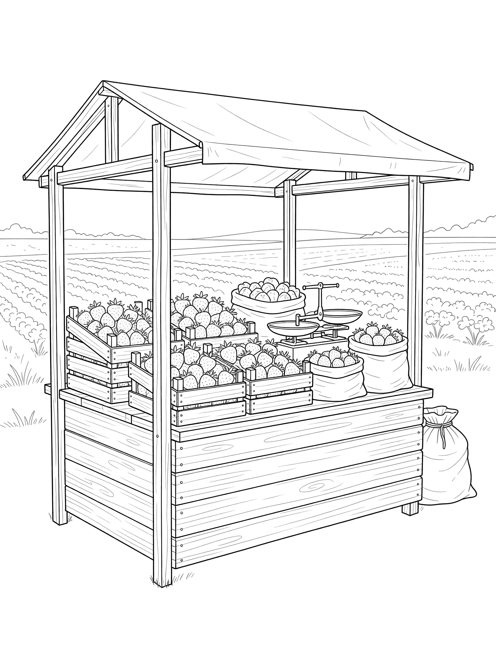 Printable coloring page showing a wooden market stall piled with strawberry crates, scales, bags, and fields in the background