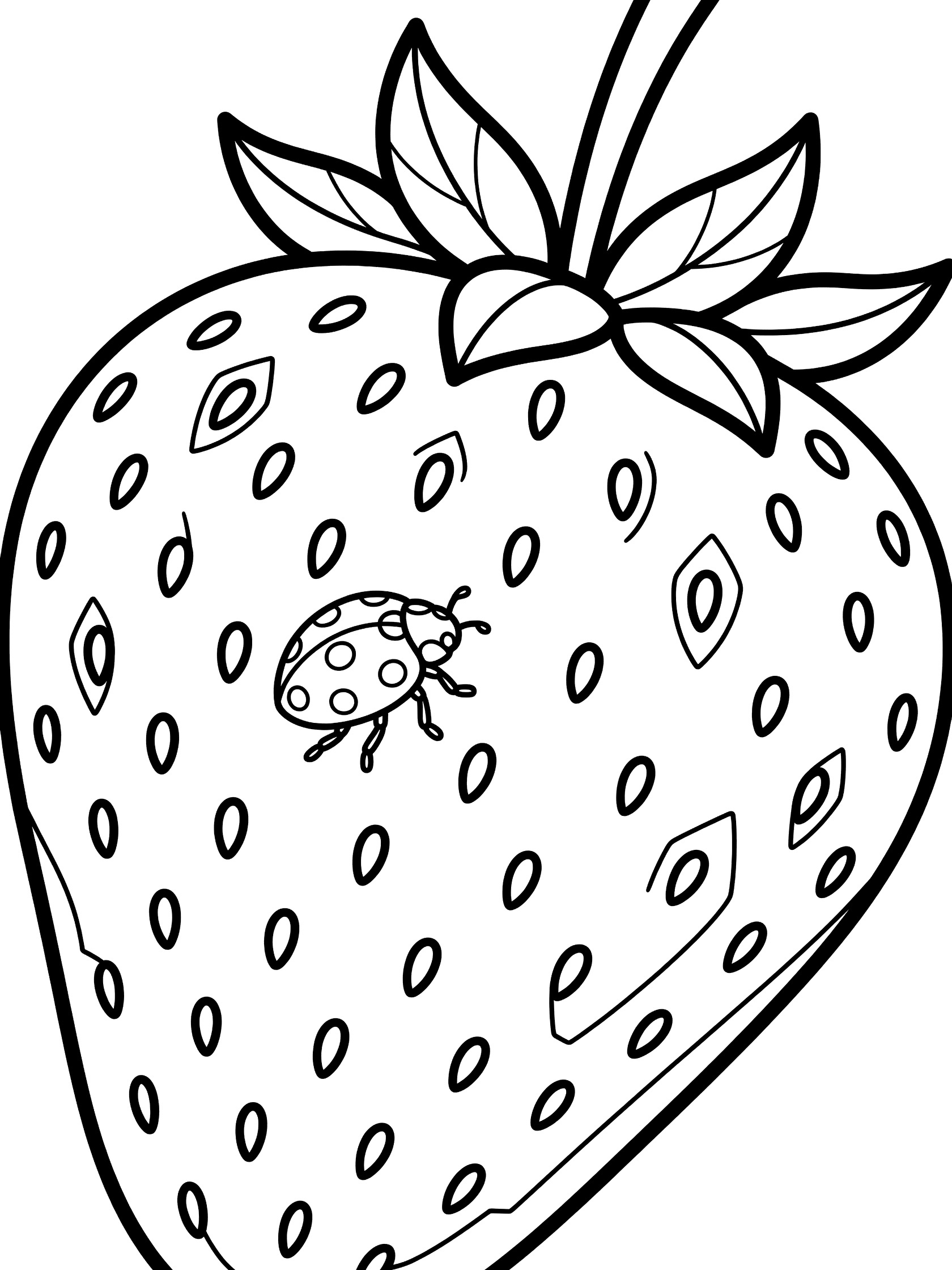 Black and white line drawing of a strawberry with detailed seeds and a spotted ladybug on top, plus green leaves, printable coloring page.