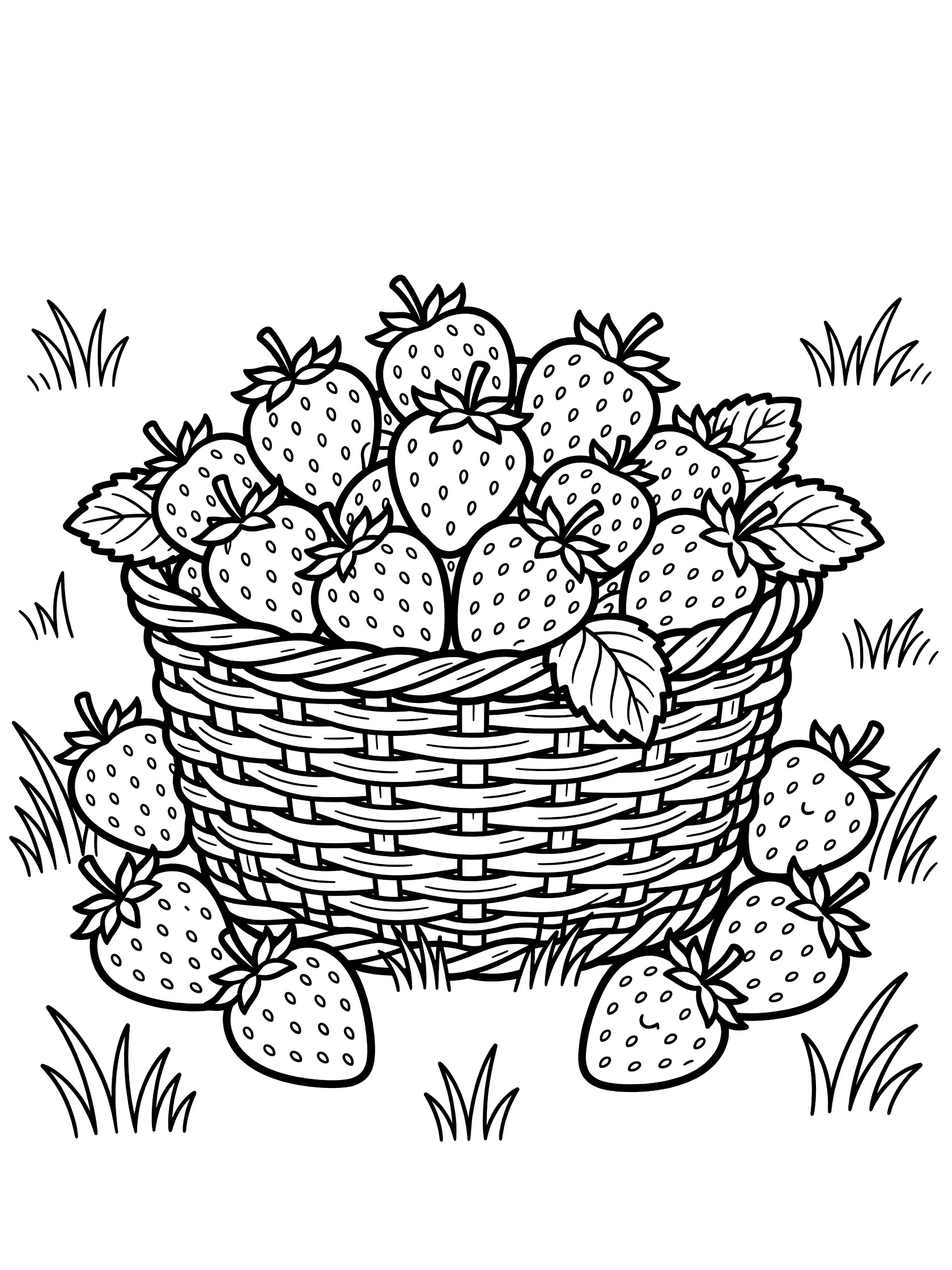 Black and white coloring page of a woven basket full of plump strawberries with leaves spilling over onto grass