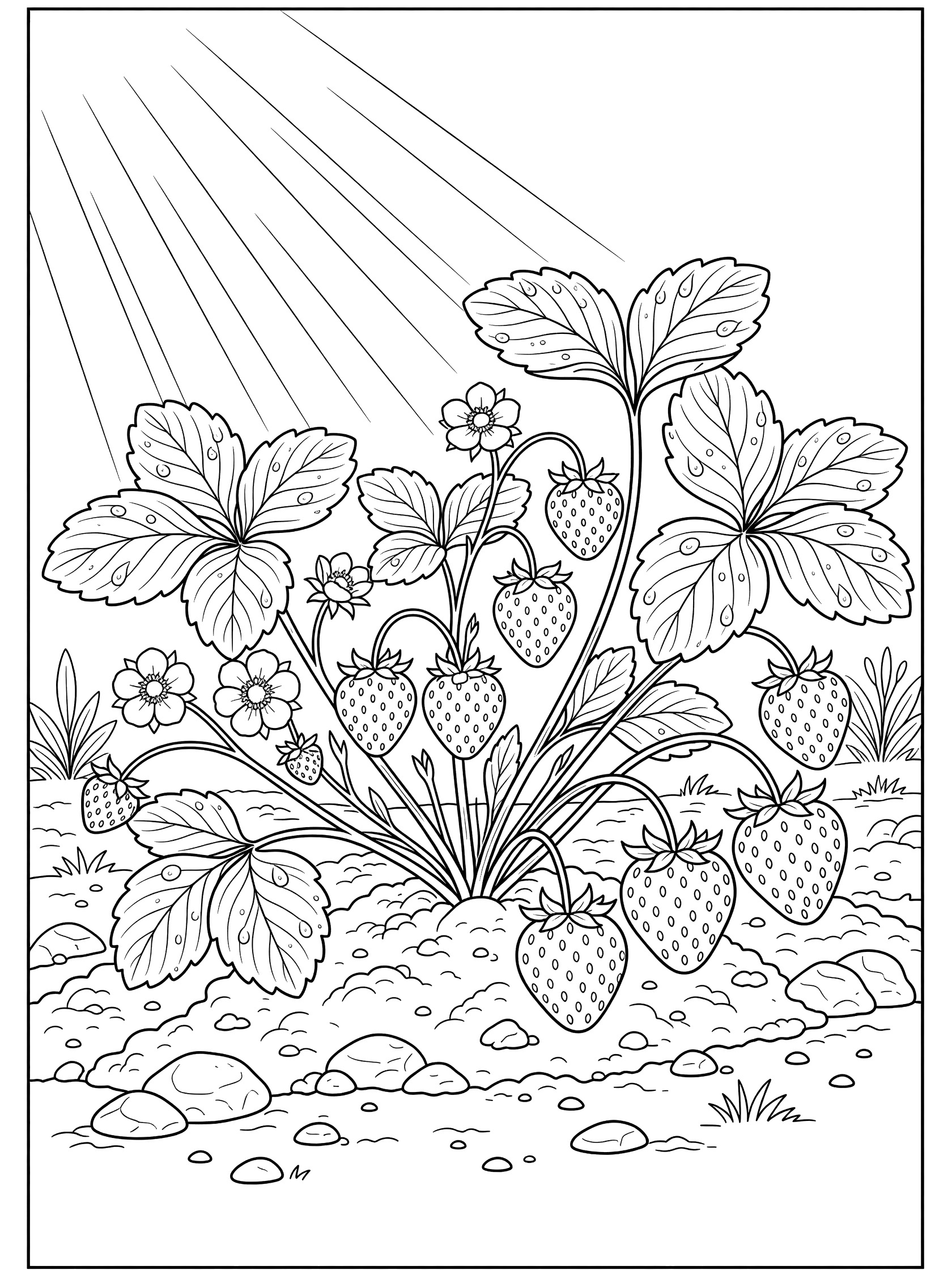Line art coloring page showing strawberry vines with flowers, green and white fruits ripening in garden soil under sunlight with dew on leaves