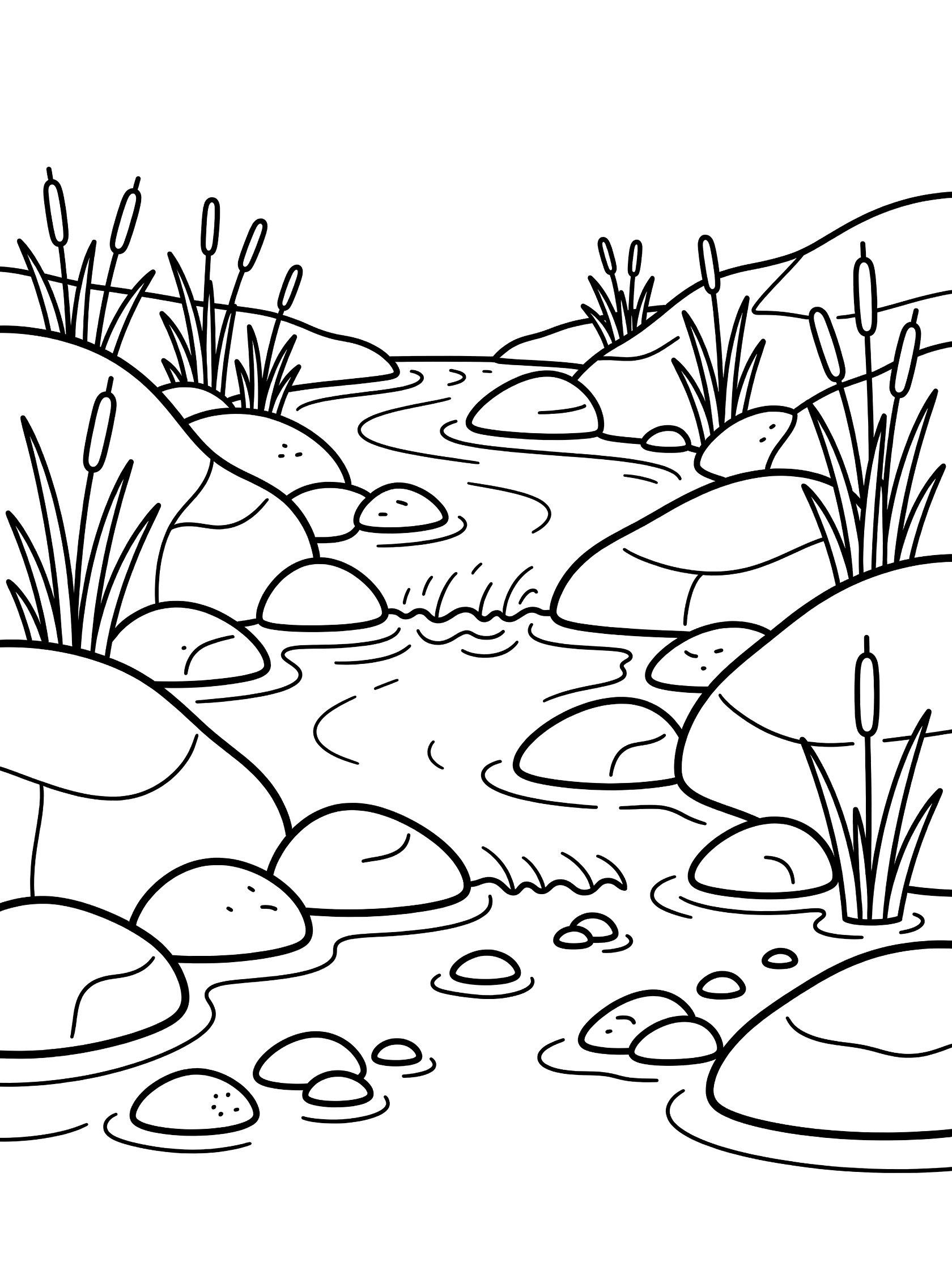 Black and white coloring page of a stream with rocks and reeds, cartoon style for kids. Rio Grande themed black and white printable line art