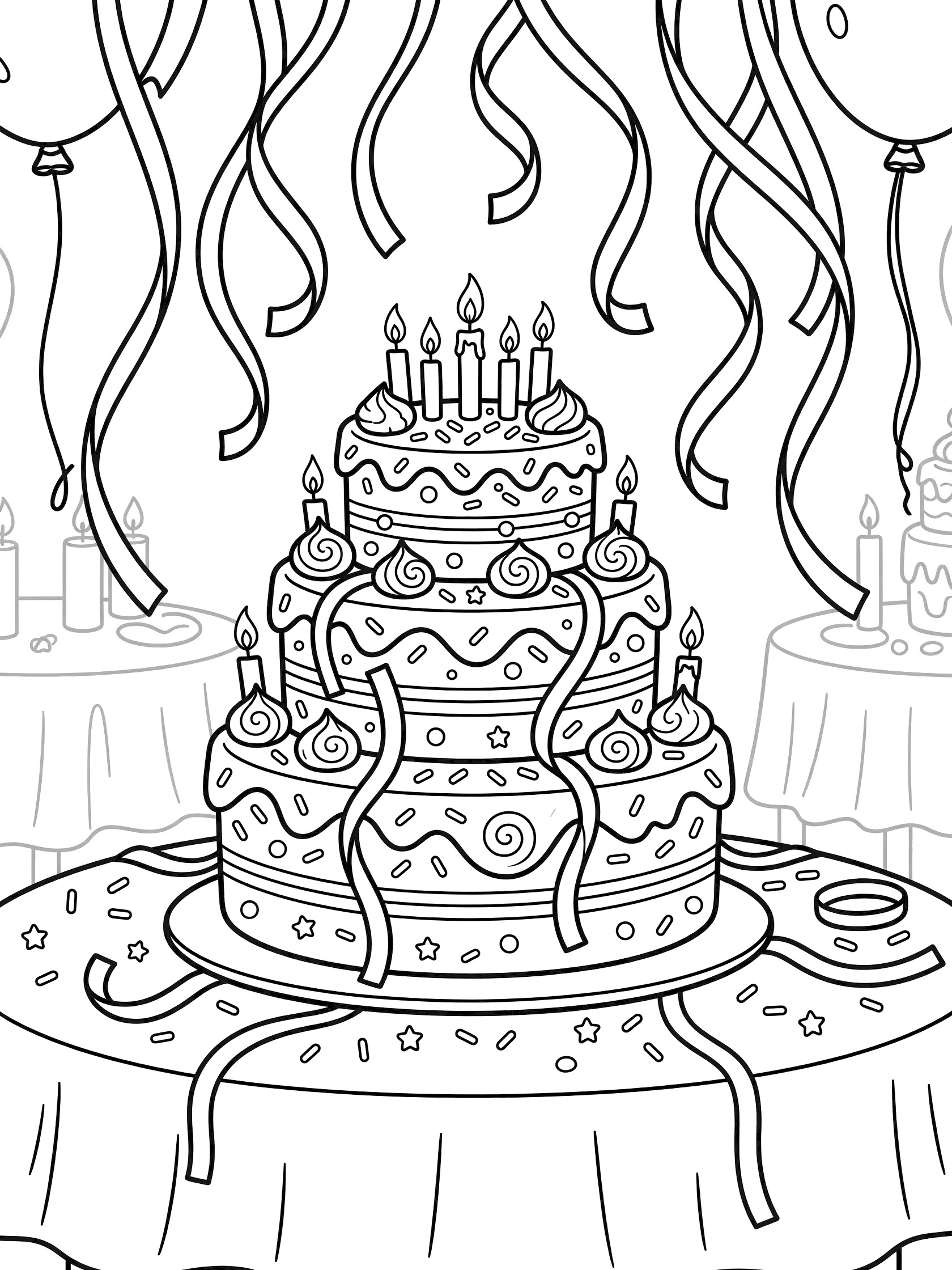Line art coloring page showing a multi-tiered birthday cake topped with candles and frosting swirls, draped with long party streamers, on a table with tablecloth.