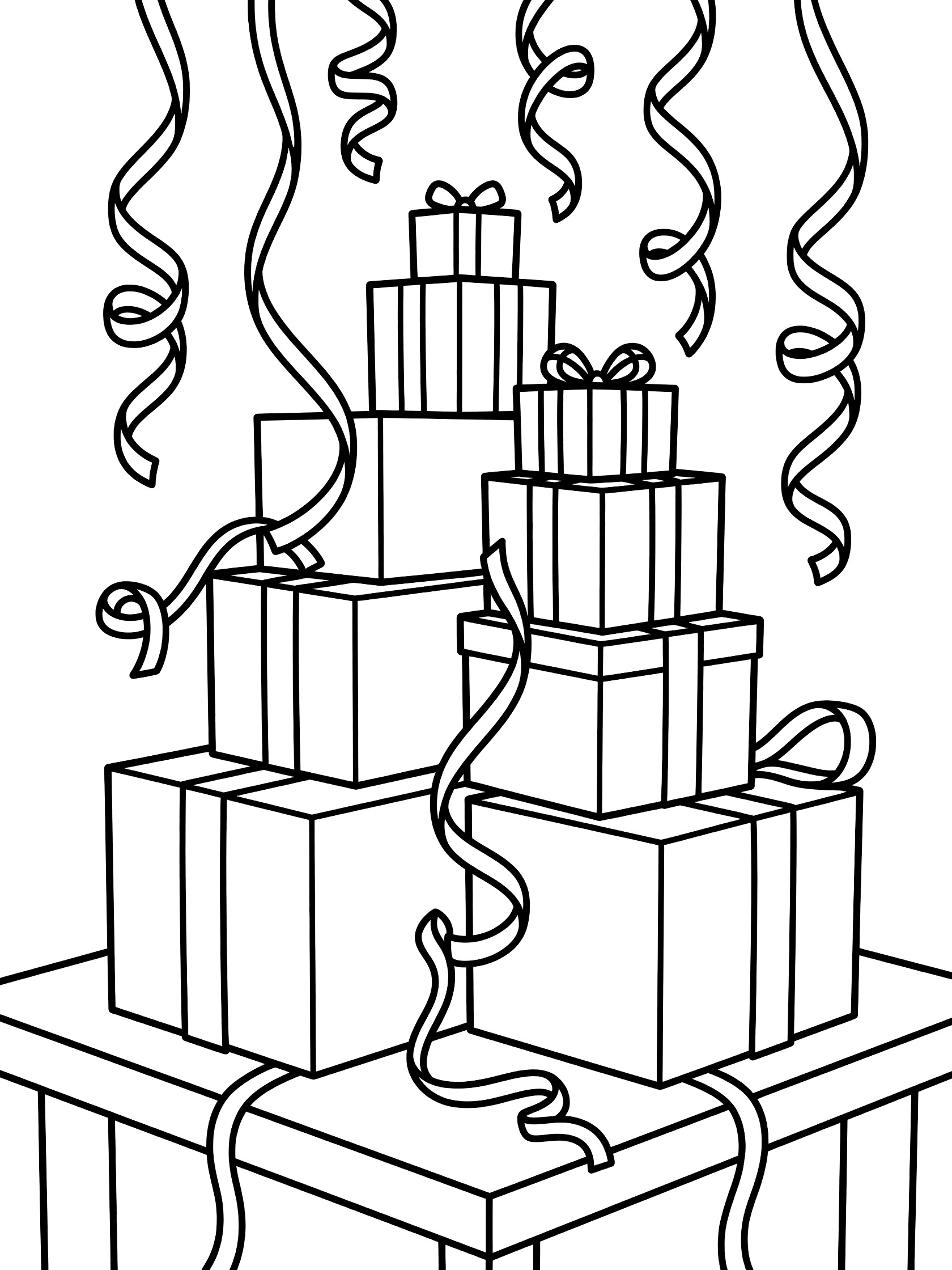 Simple line art coloring page showing cubic birthday gift boxes stacked on a table, wrapped with long looping streamers and dangling bows.