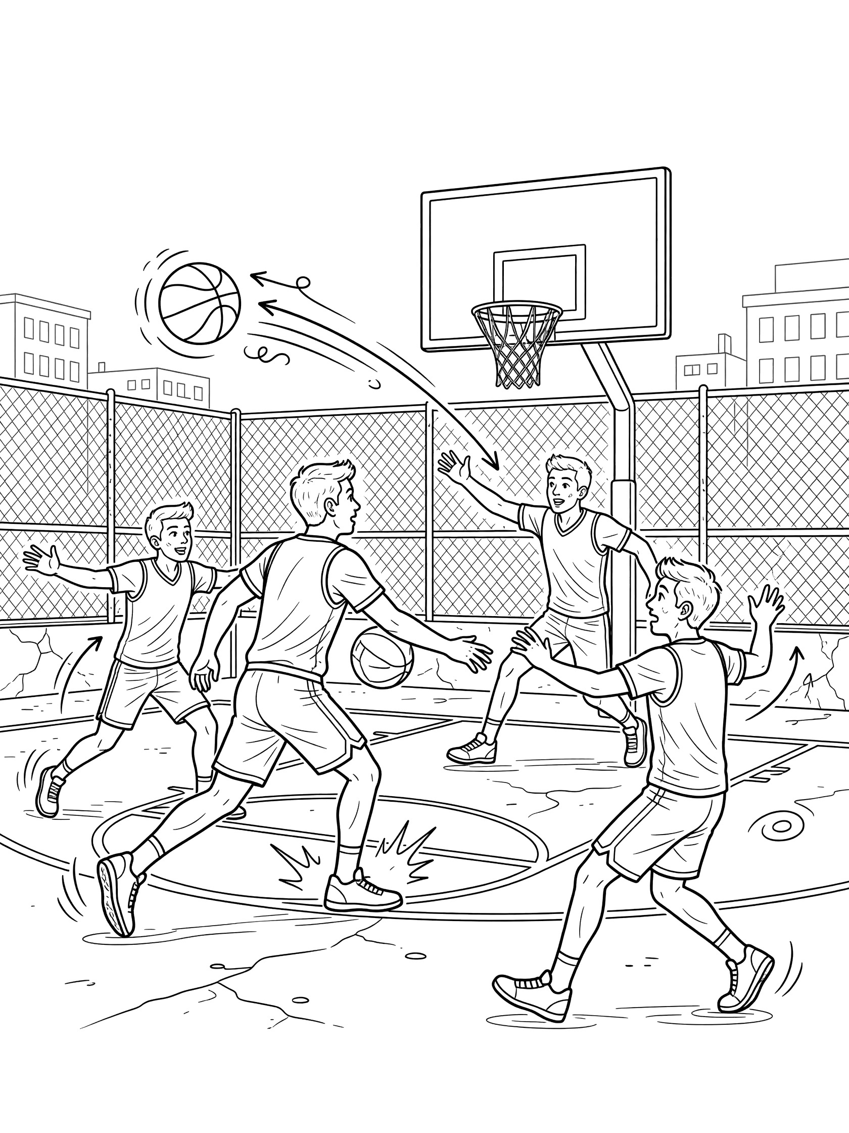 Basketball coloring page showing a player doing a no-look pass between the legs to a teammate during a street pickup game on a court with fence and buildings.