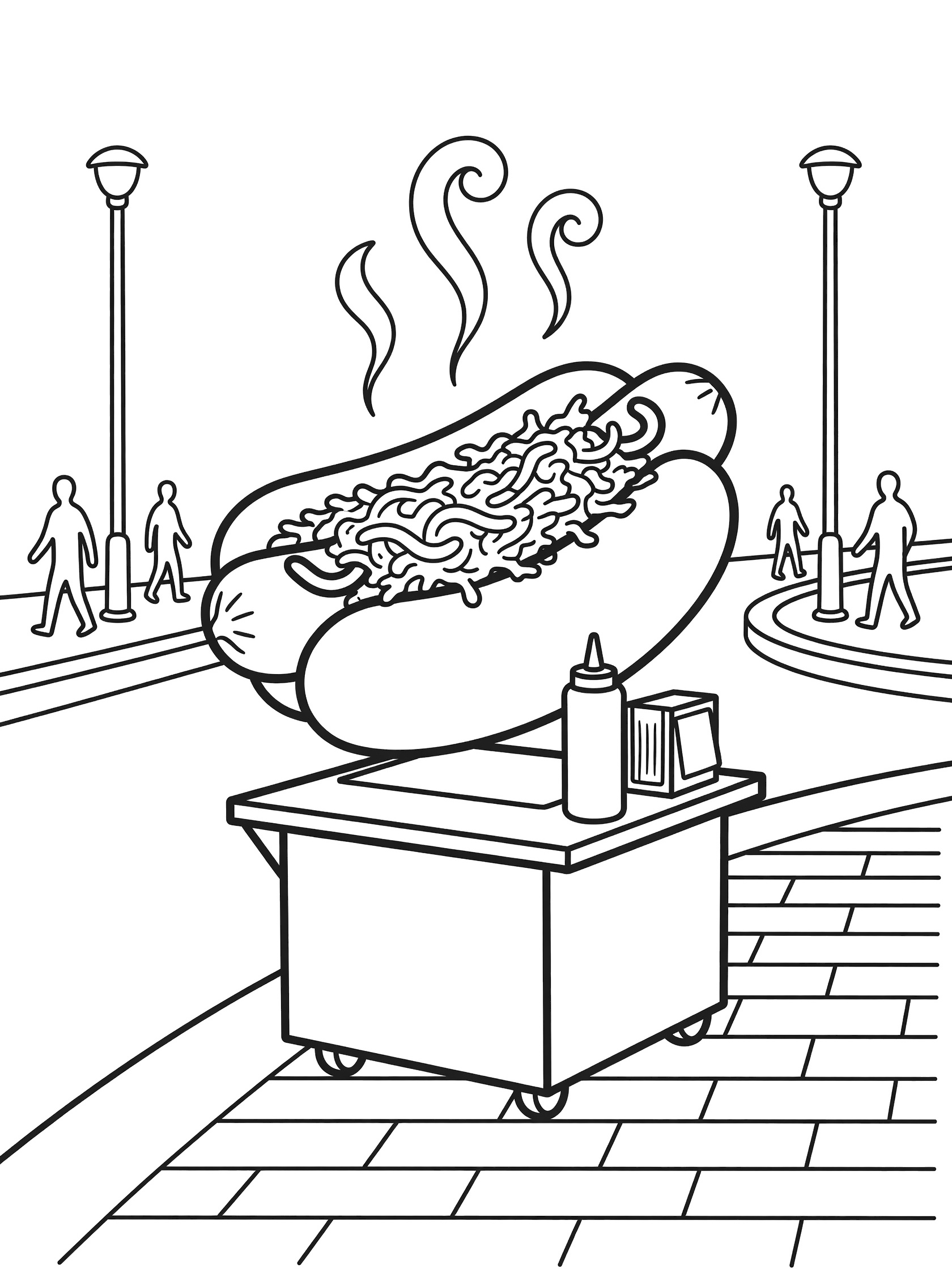 Black and white coloring page of a steaming hot dog with sauerkraut in a bun on a street food cart with ketchup, napkins, lamps, and passersby