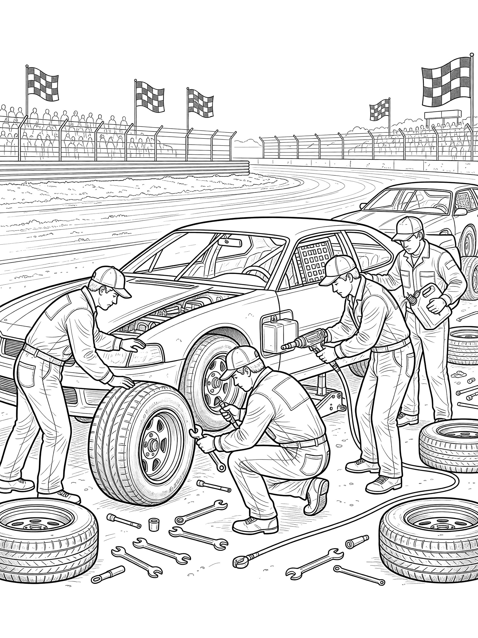 Black and white coloring page of street stock race car on a jack during pit stop with four mechanics swapping tires, tools, fuel can, and racetrack in background.