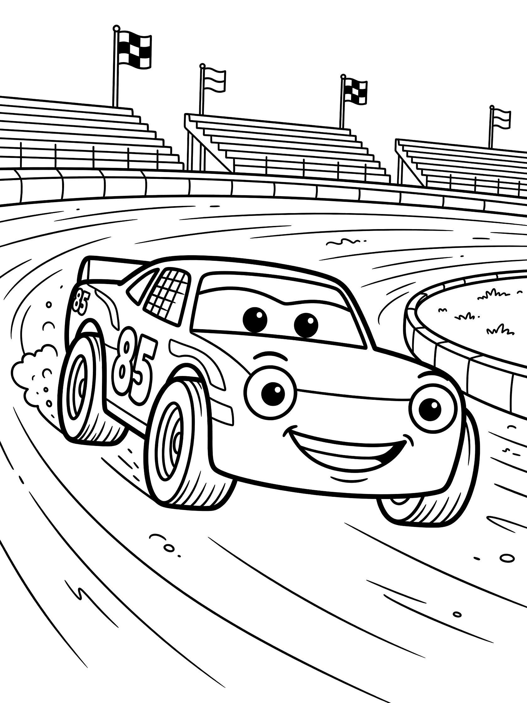 Black and white coloring page of a cute Street Stock race car turning on a banked dirt oval track with expressive headlight eyes, smiling grille, roll cage, door number 85, grandstands, and checkered flags.